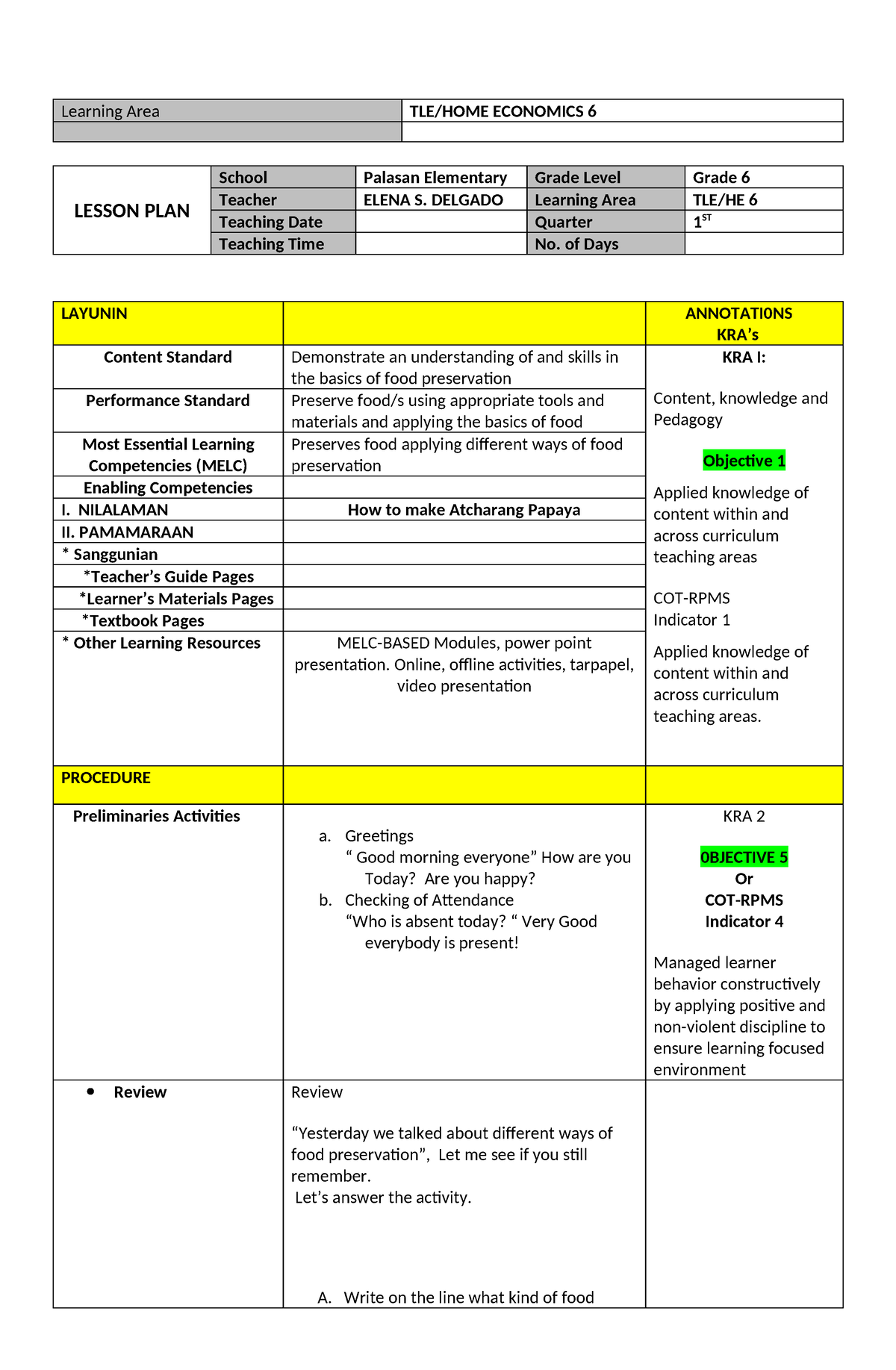 ESD COT 2-TLE6-HE6 - Teacher ! - Learning Area TLE/HOME ECONOMICS 6 ...