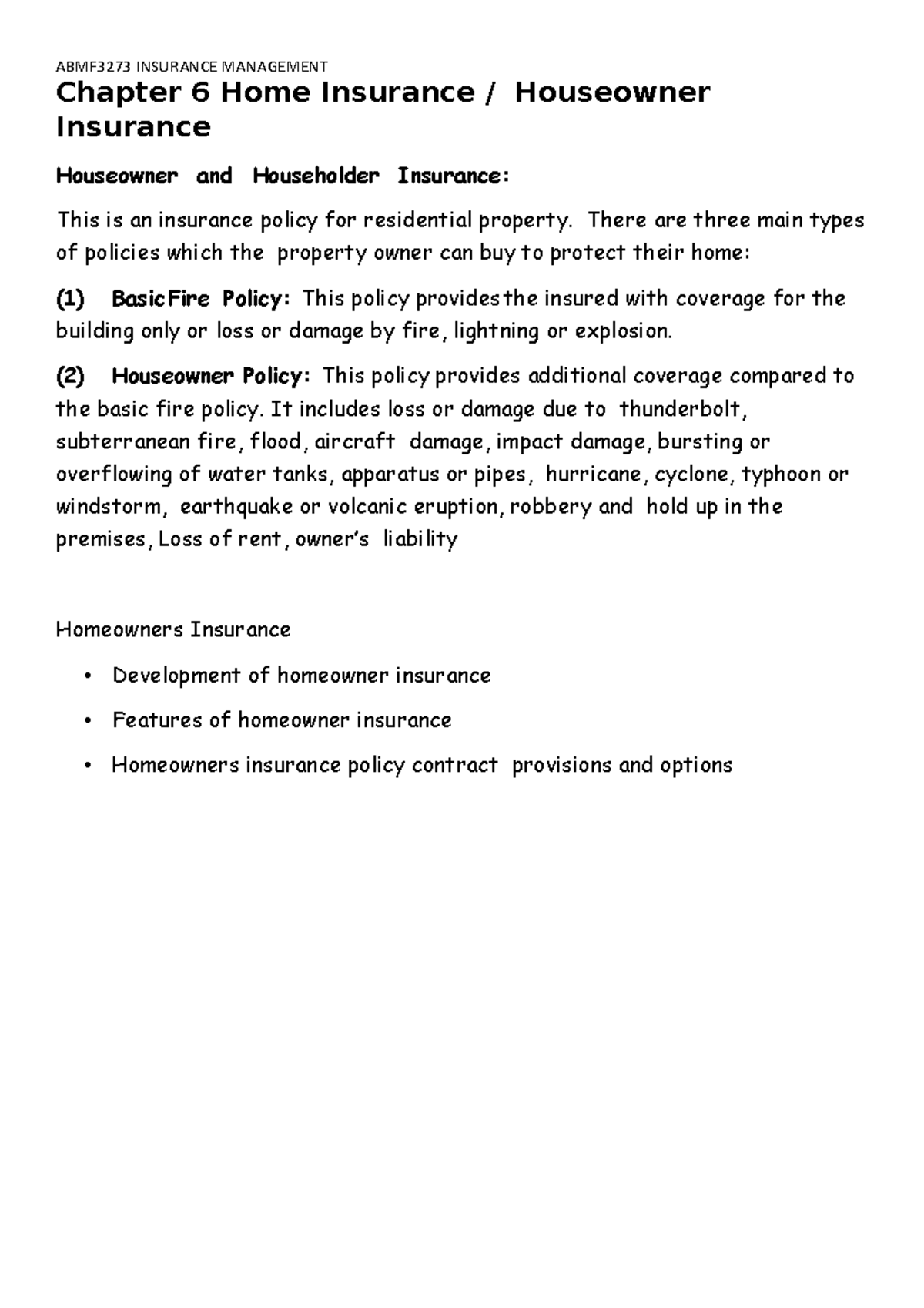 Chapter 6 Insurance Management Year 2 Sem 3 - Chapter 6 Home Insurance ...