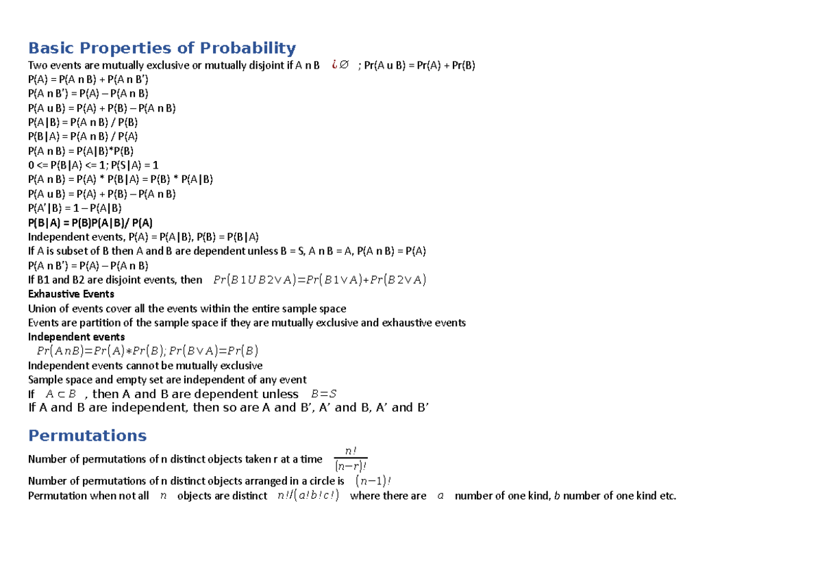 Helpsheet - Basic Properties of Probability Two events are mutually ...