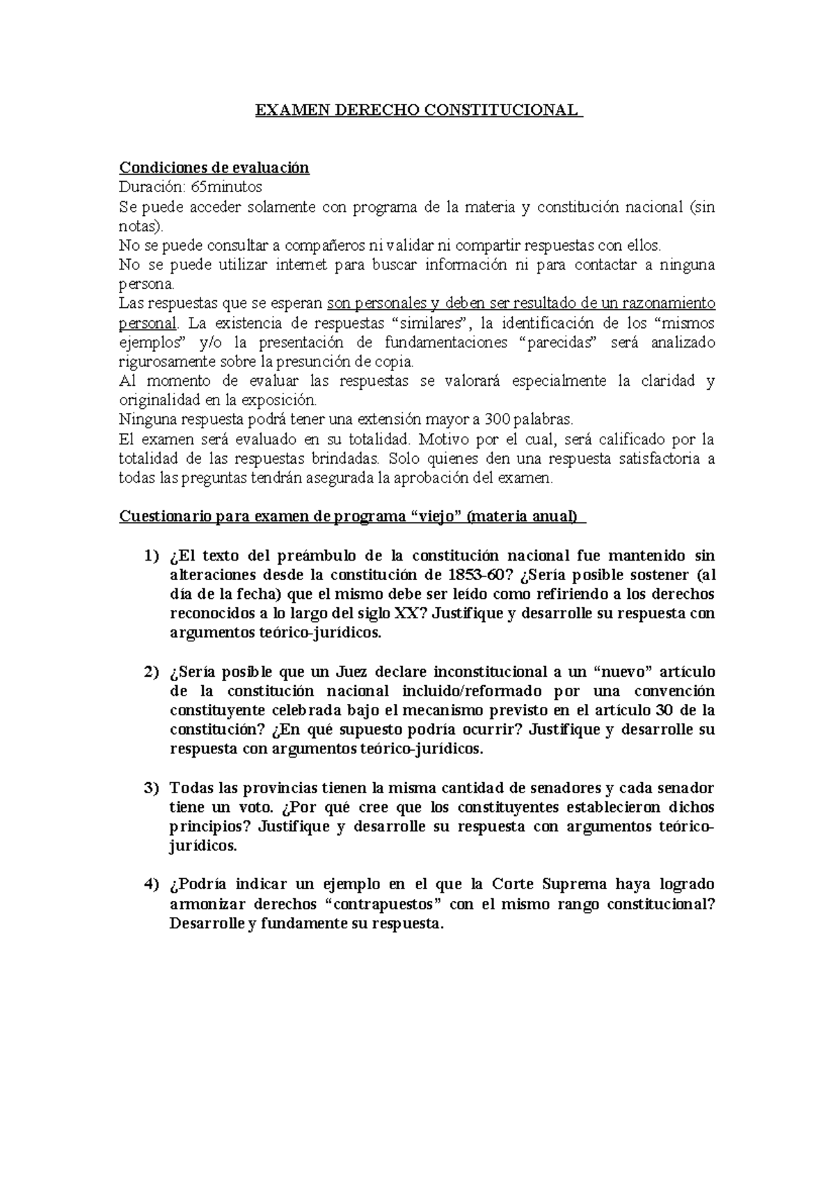 Examen final de derecho constitucional - EXAMEN DERECHO CONSTITUCIONAL ...