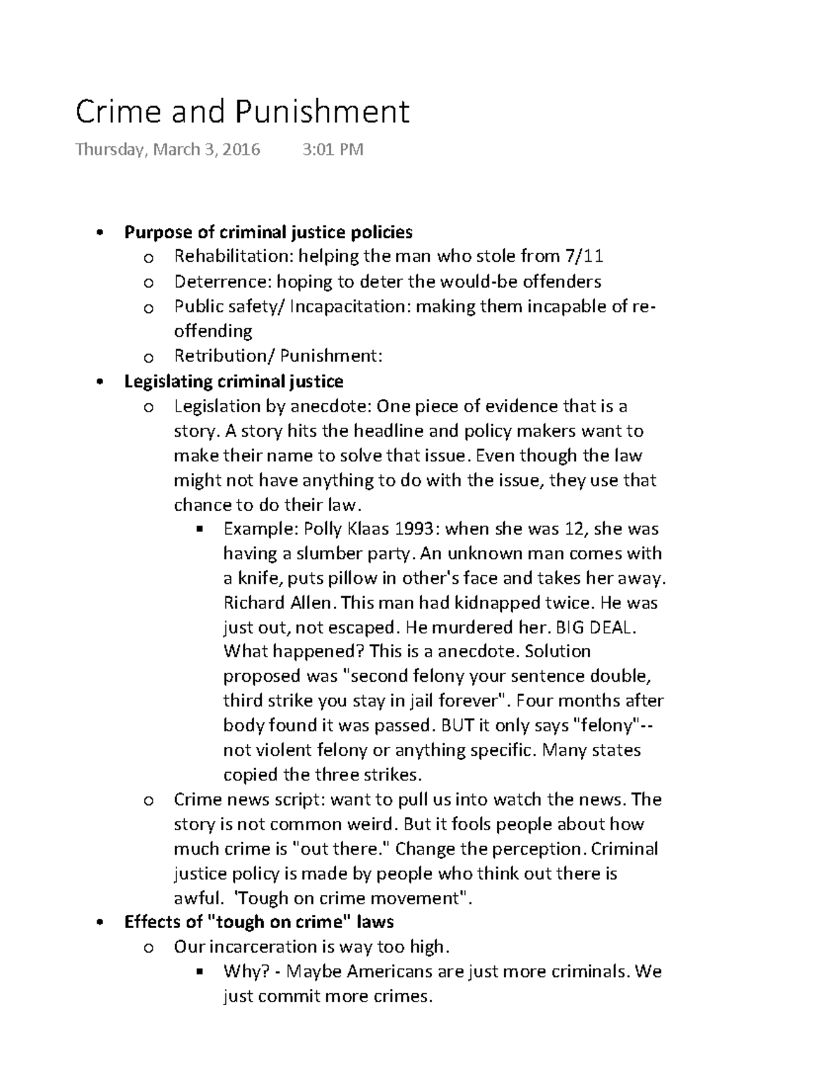 Crime and Punishment - Lecture notes 11 - Crime and Punishment Thursday ...