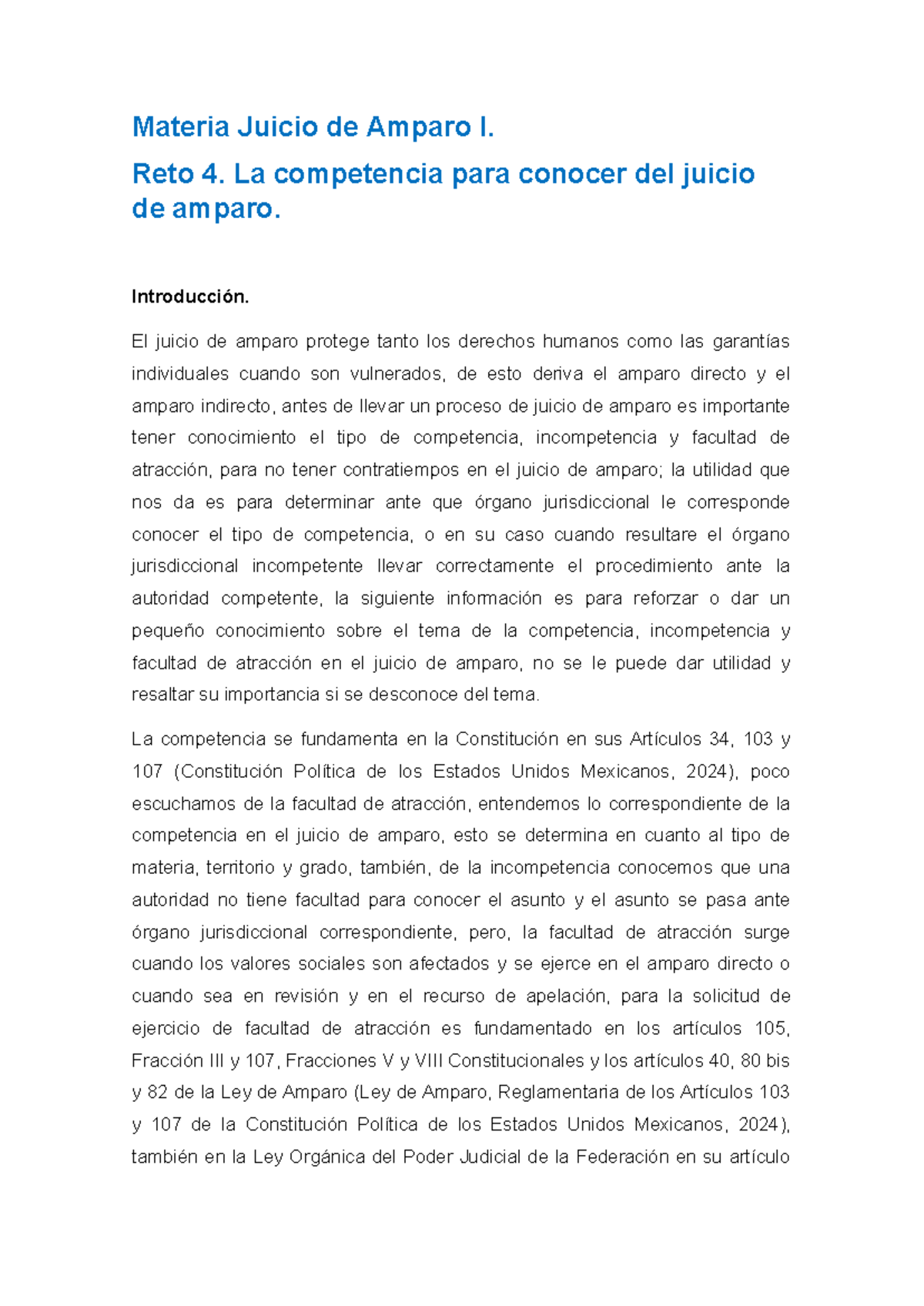 Materia Juicio de Amparo I - Reto 4. La competencia para conocer del ...