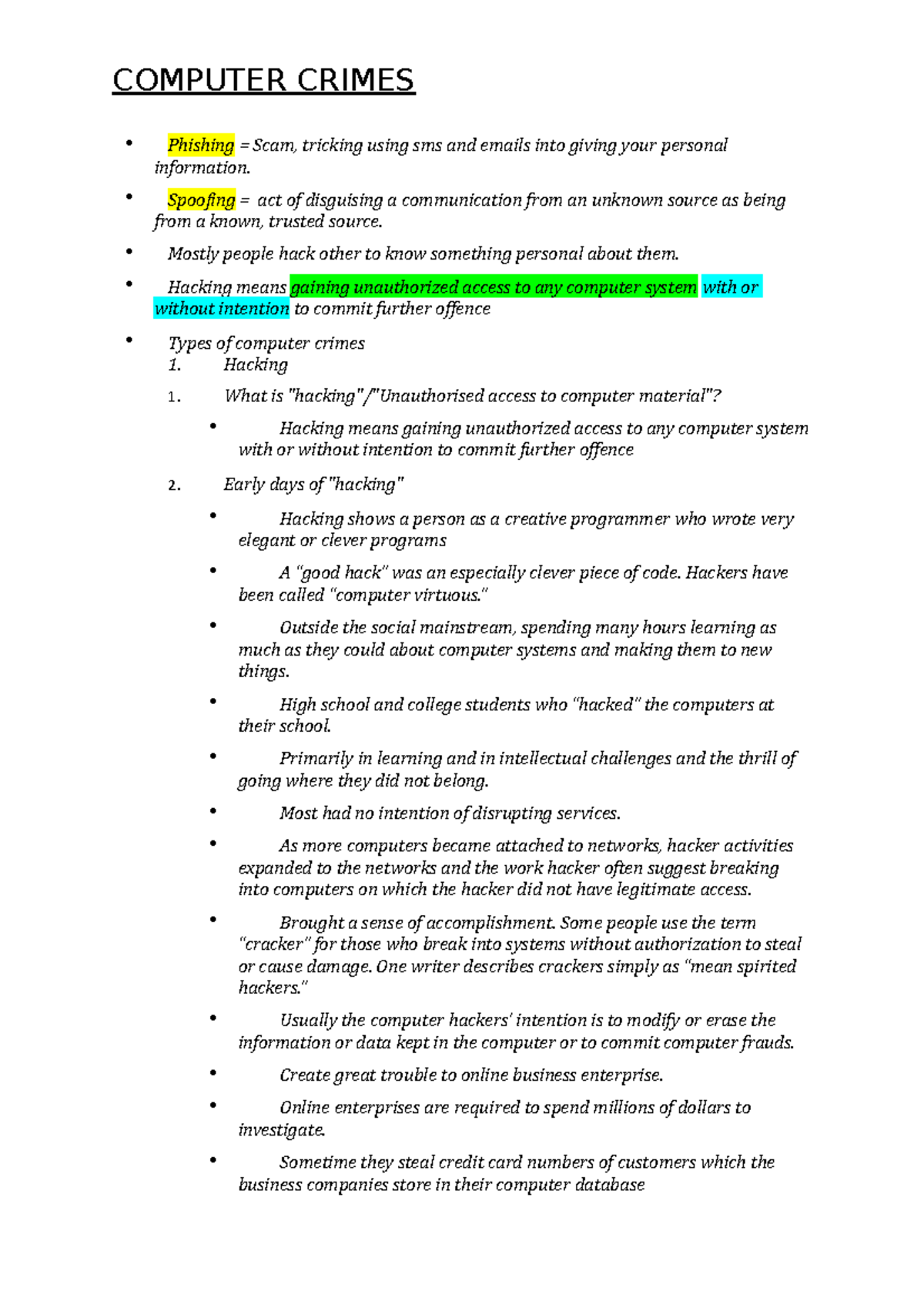 Computer Crimes - Lecture notes 4 - COMPUTER CRIMES Phishing = Scam ...