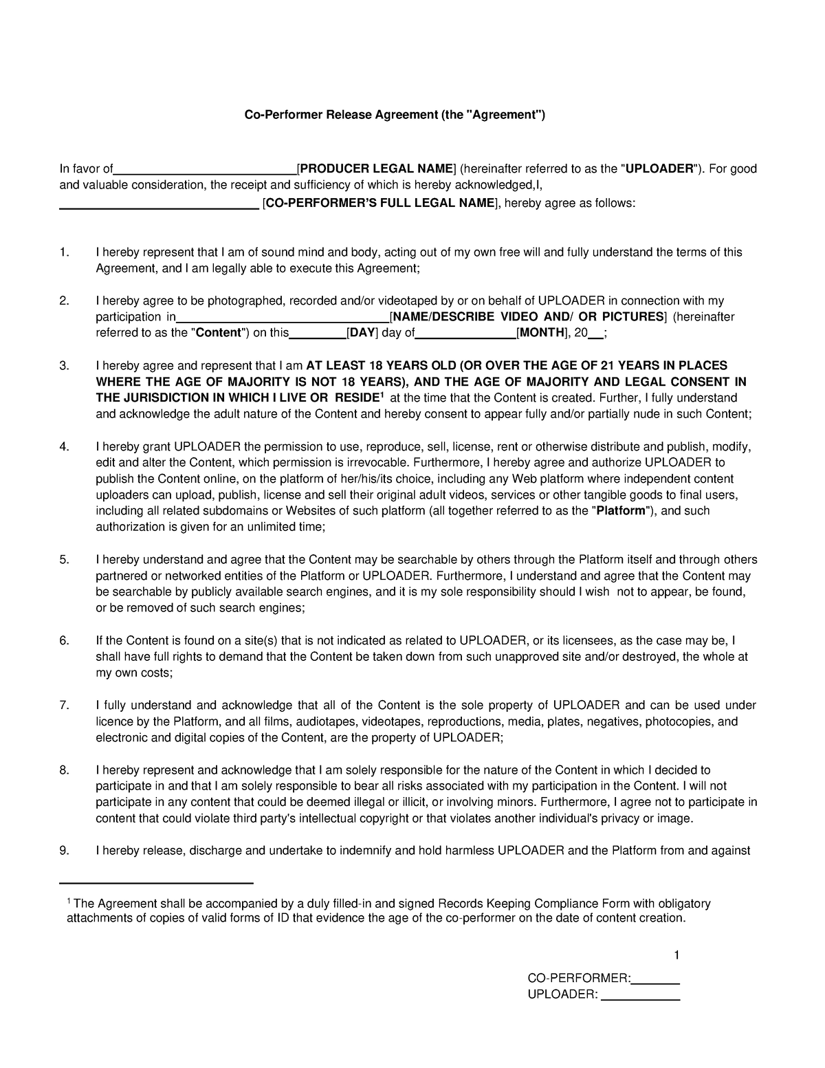 XHP Co Performer Agreement 2257 form - 1 CO-PERFORMER: UPLOADER: Co ...
