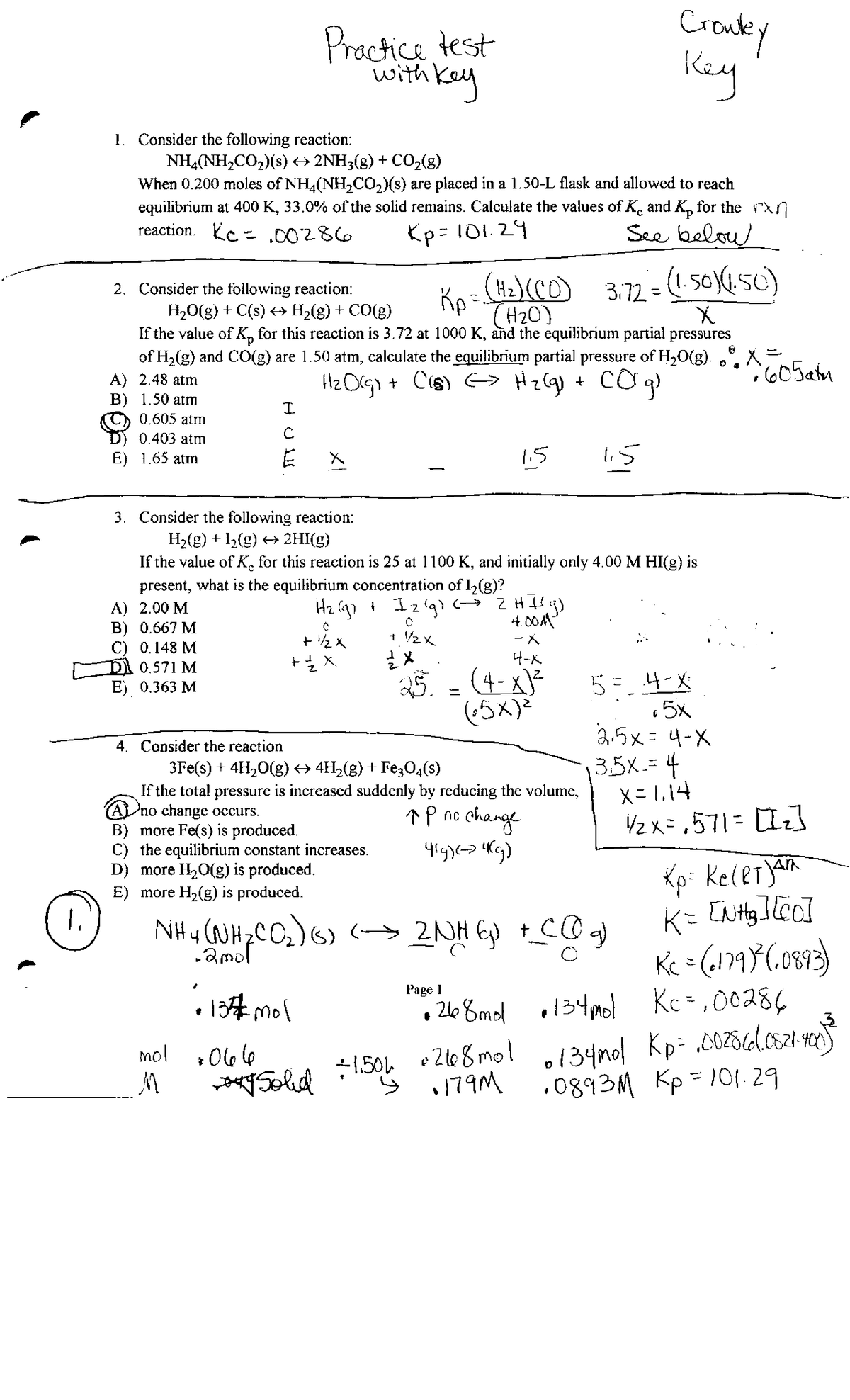 Equilibrium Practice Test with KEY 2014 Jan - 1. Consider the following ...