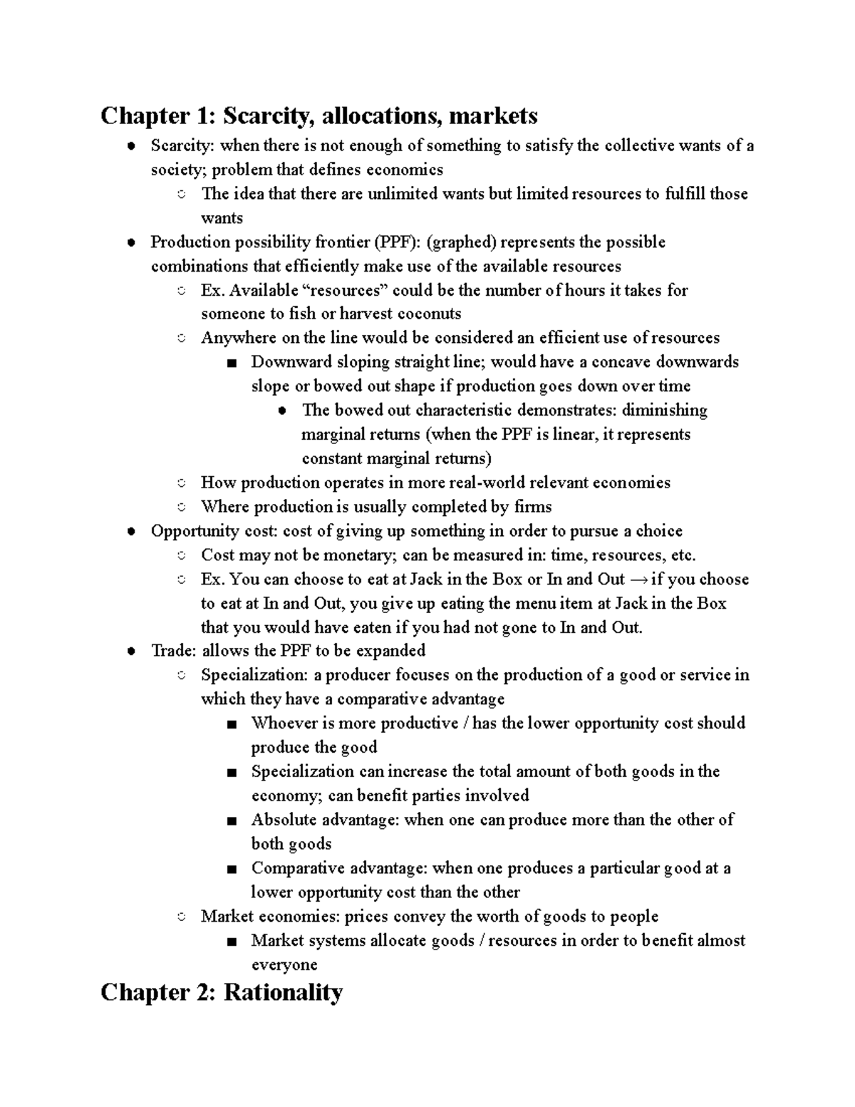 Microeconomics Midterm Review 1 (Chapters 1-10) - Chapter 1: Scarcity ...