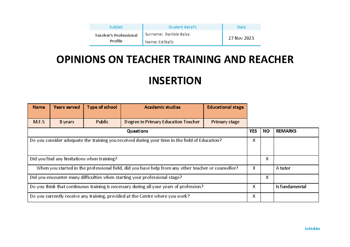 Actividad 2 - OPINIONS ON TEACHER TRAINING AND REACHER INSERTION ...