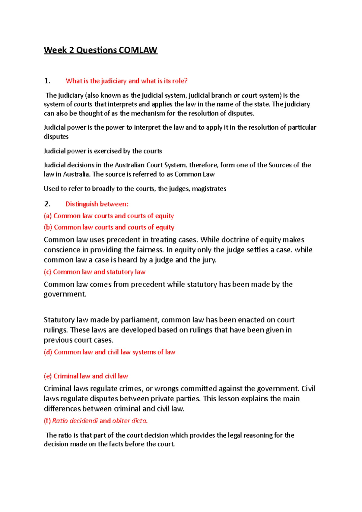 Judicairy Notes - Questions about Judiciary - Week 2 Questions COMLAW 1 ...