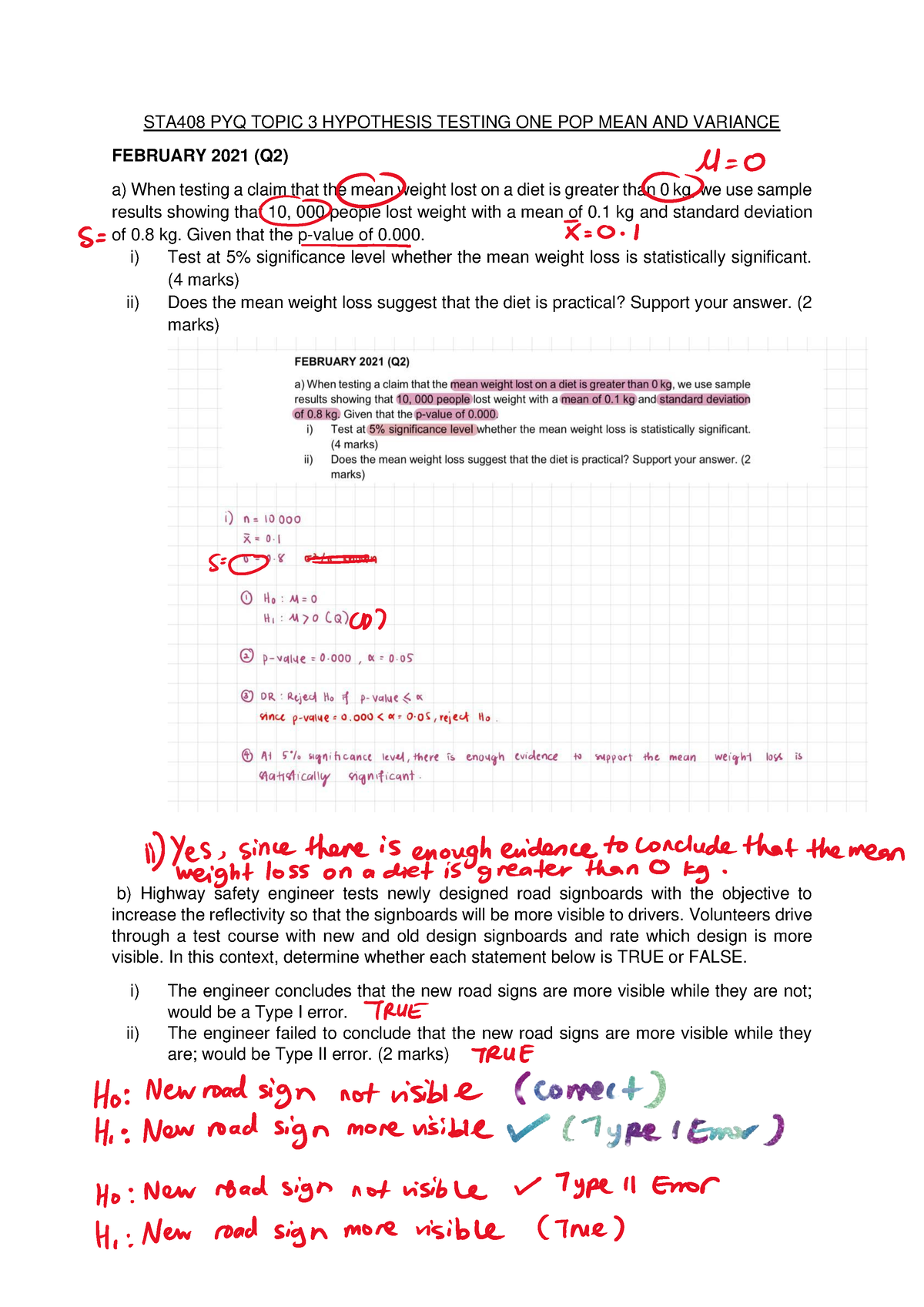 STA408 PYQ Topic 3 Hypothesis Testing ONE POP MEAN AND Variance ...