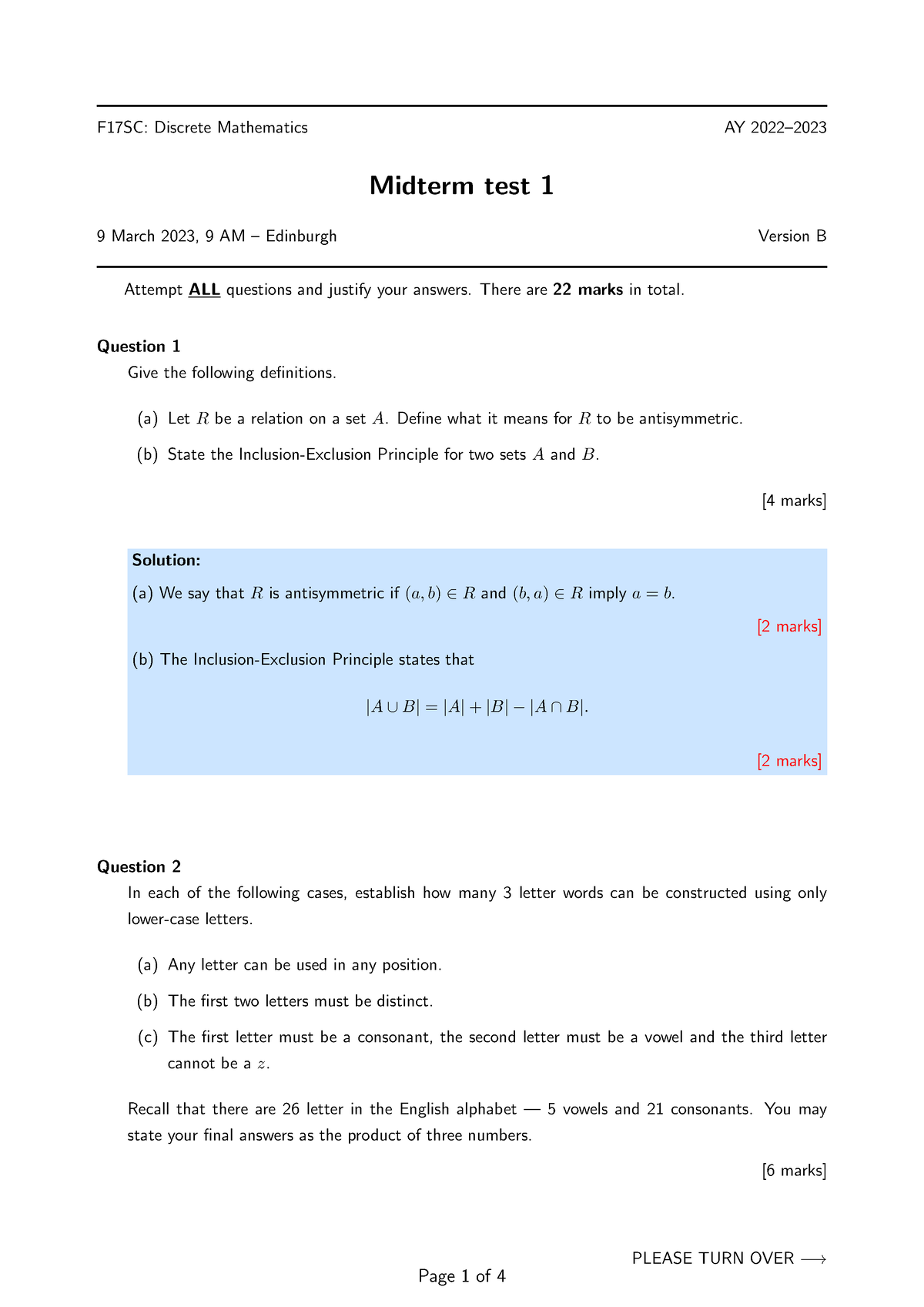 Midterm 1B 2223 Sol-1 - PLEASE TURN OVER −→ F17SC: Discrete Mathematics ...