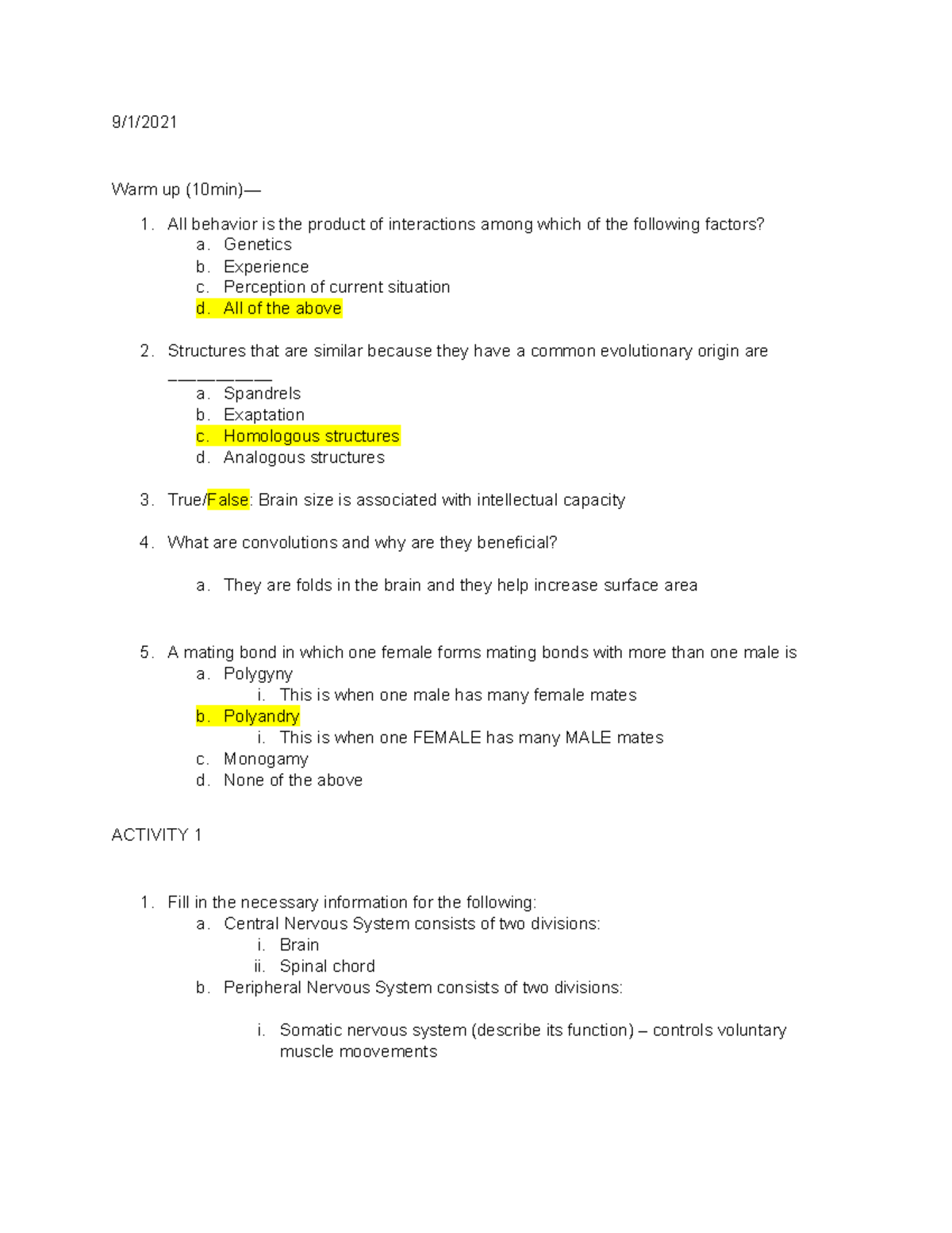 NSC 1306 Ch 3 Worksheet - Class Notes - 9/1/ Warm Up (10min)— All ...