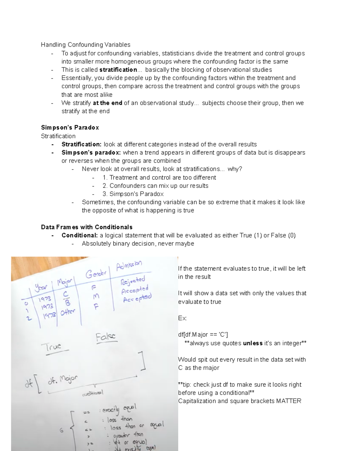 Stat107notes 2 - Lecture notes 2 - Handling Confounding Variables - To ...