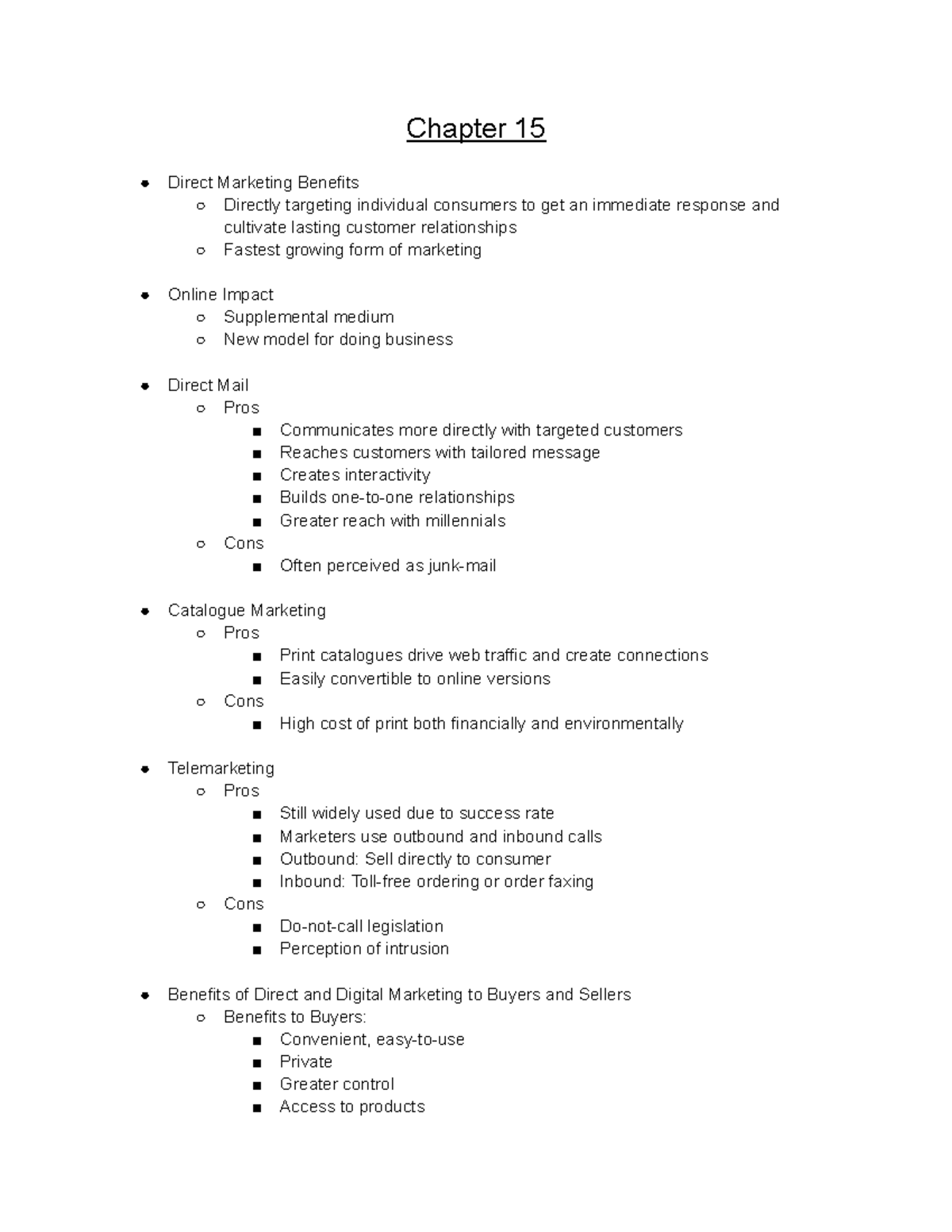 MARK 1115 Chapter 15 Notes - Chapter 15 Direct Marketing Benefits ...