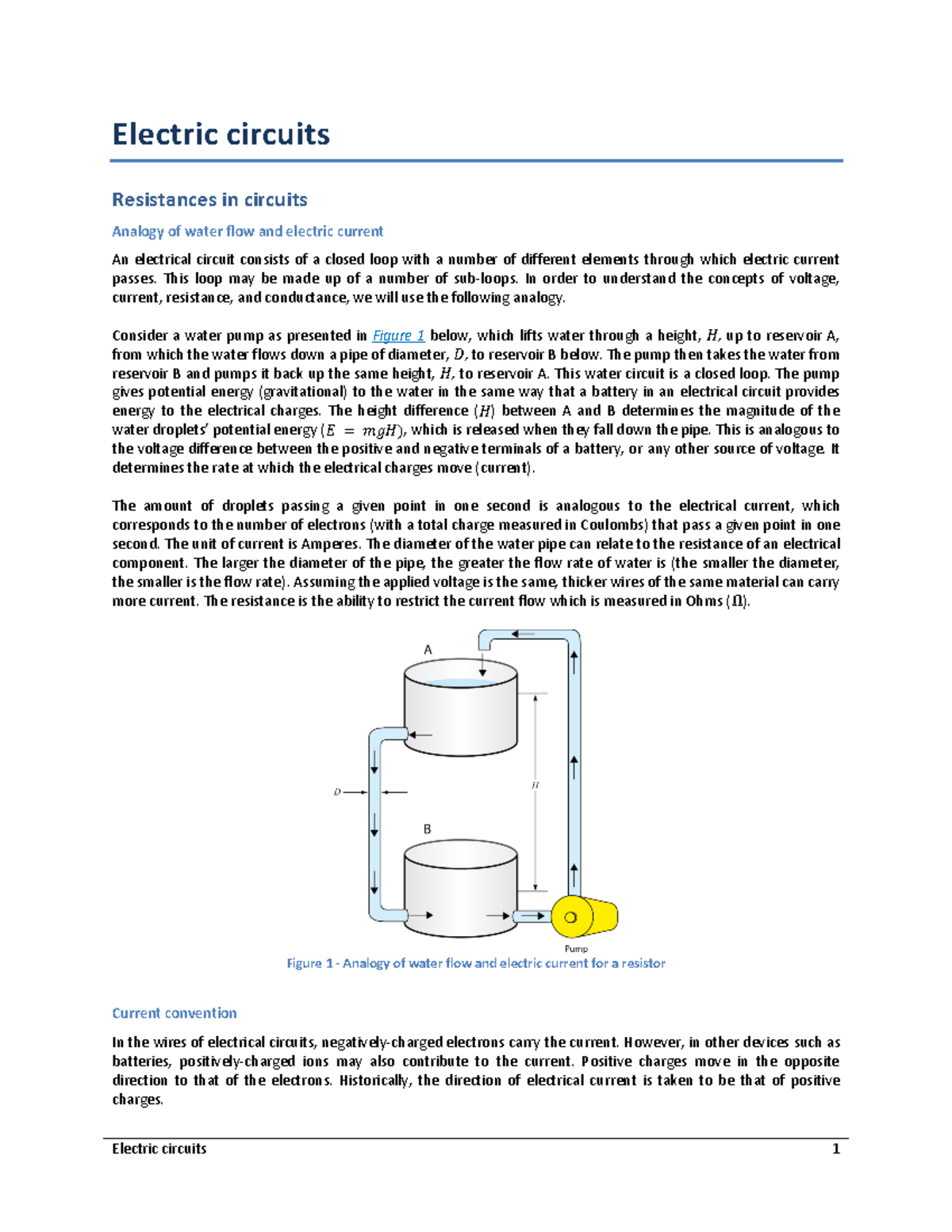Electric circuits Manual Electric circuits Resistances in circuits Analogy of water flow and