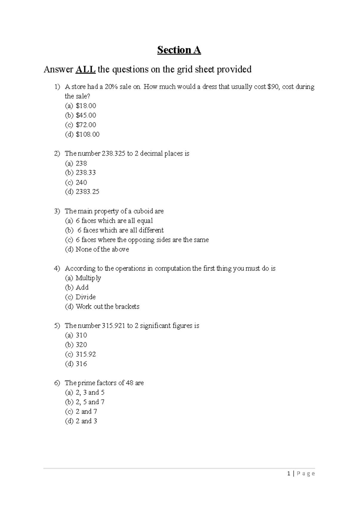 MATH TEST 1 - CSEC - Section A Answer ALL the questions on the grid ...