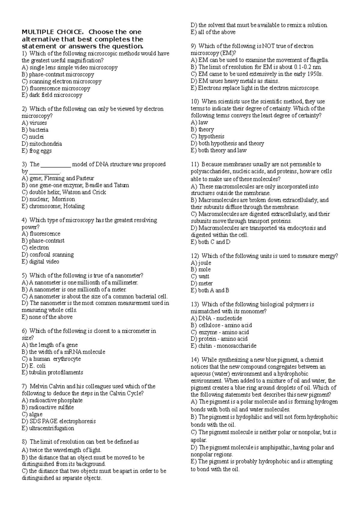 生物 题 - praticle questions - MULTIPLE CHOICE. Choose the one alternative ...