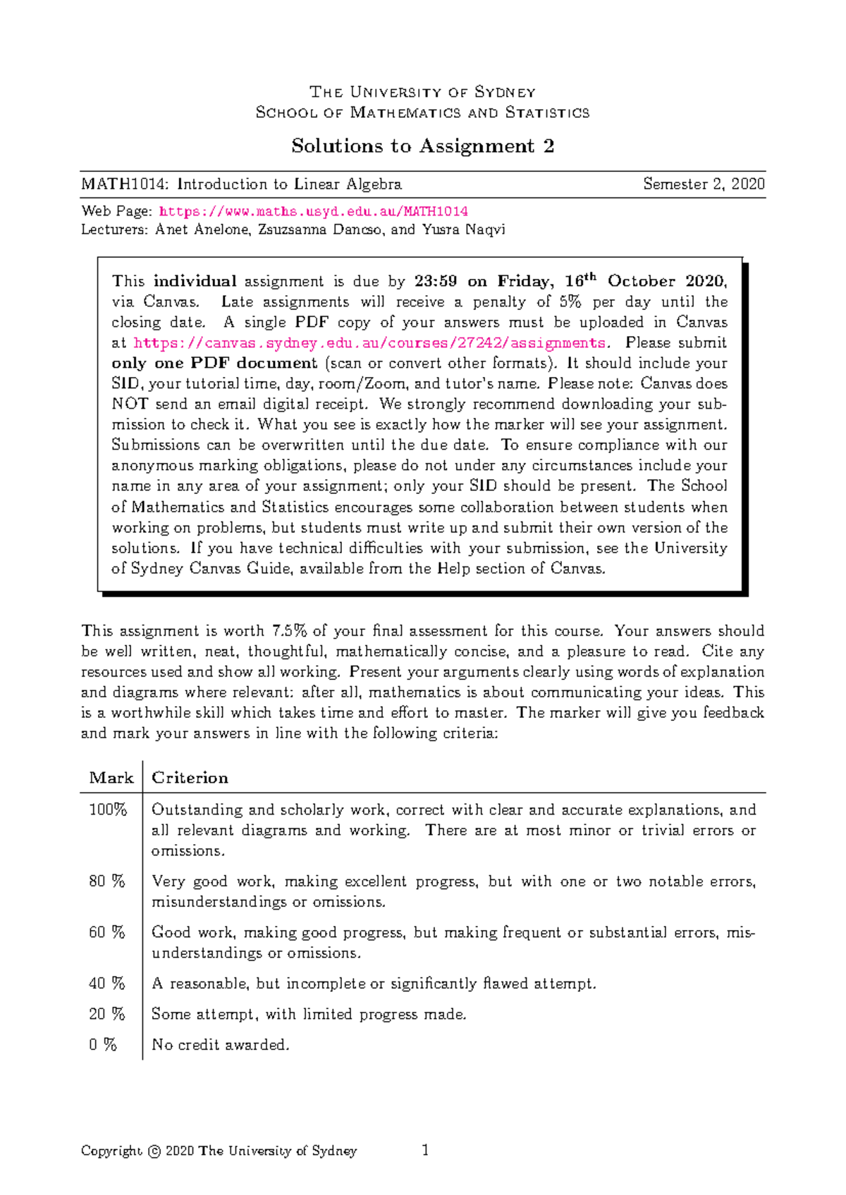 2020assignment 2-solutions - The University of Sydney School of ...