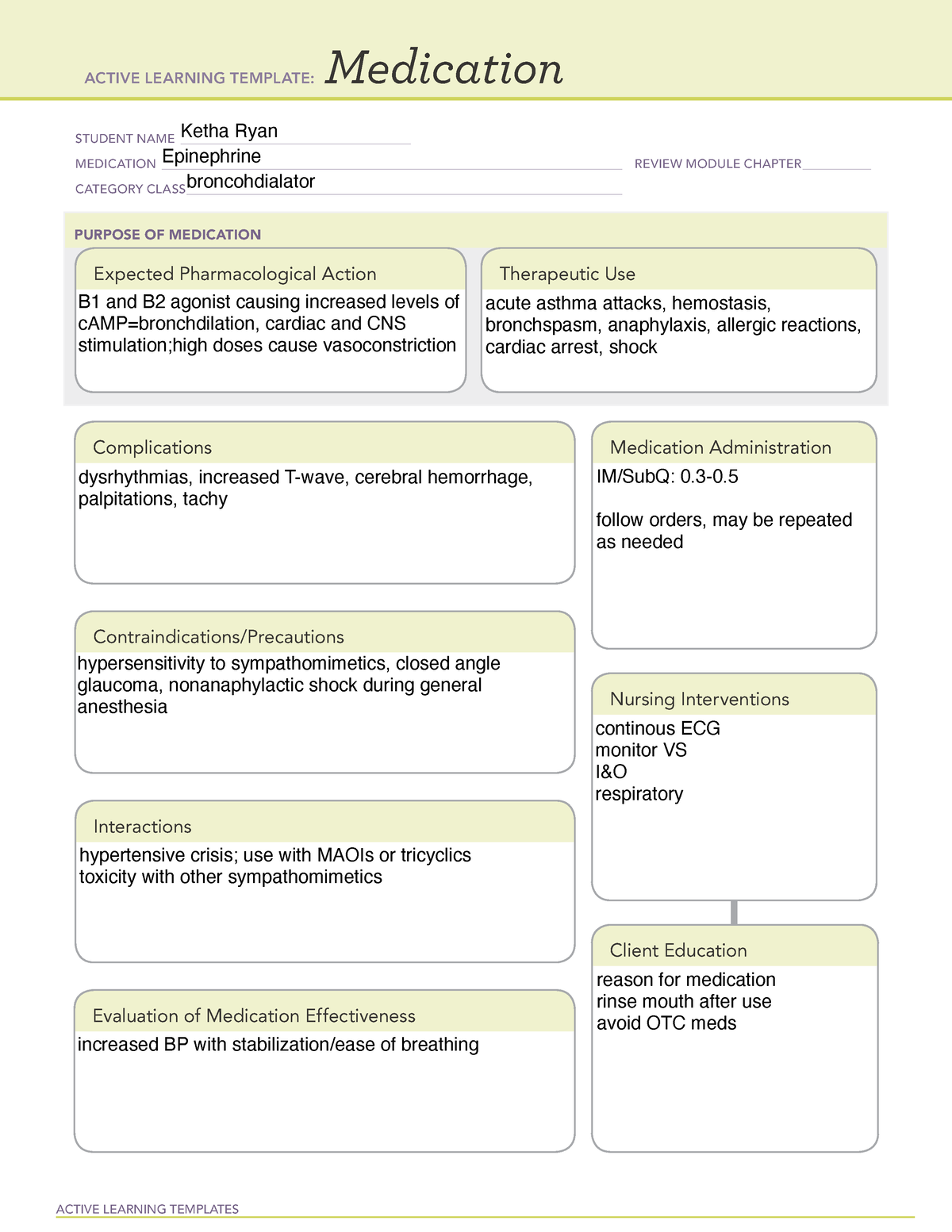 ATI Epinephrine ATI Med Template ACTIVE LEARNING TEMPLATES