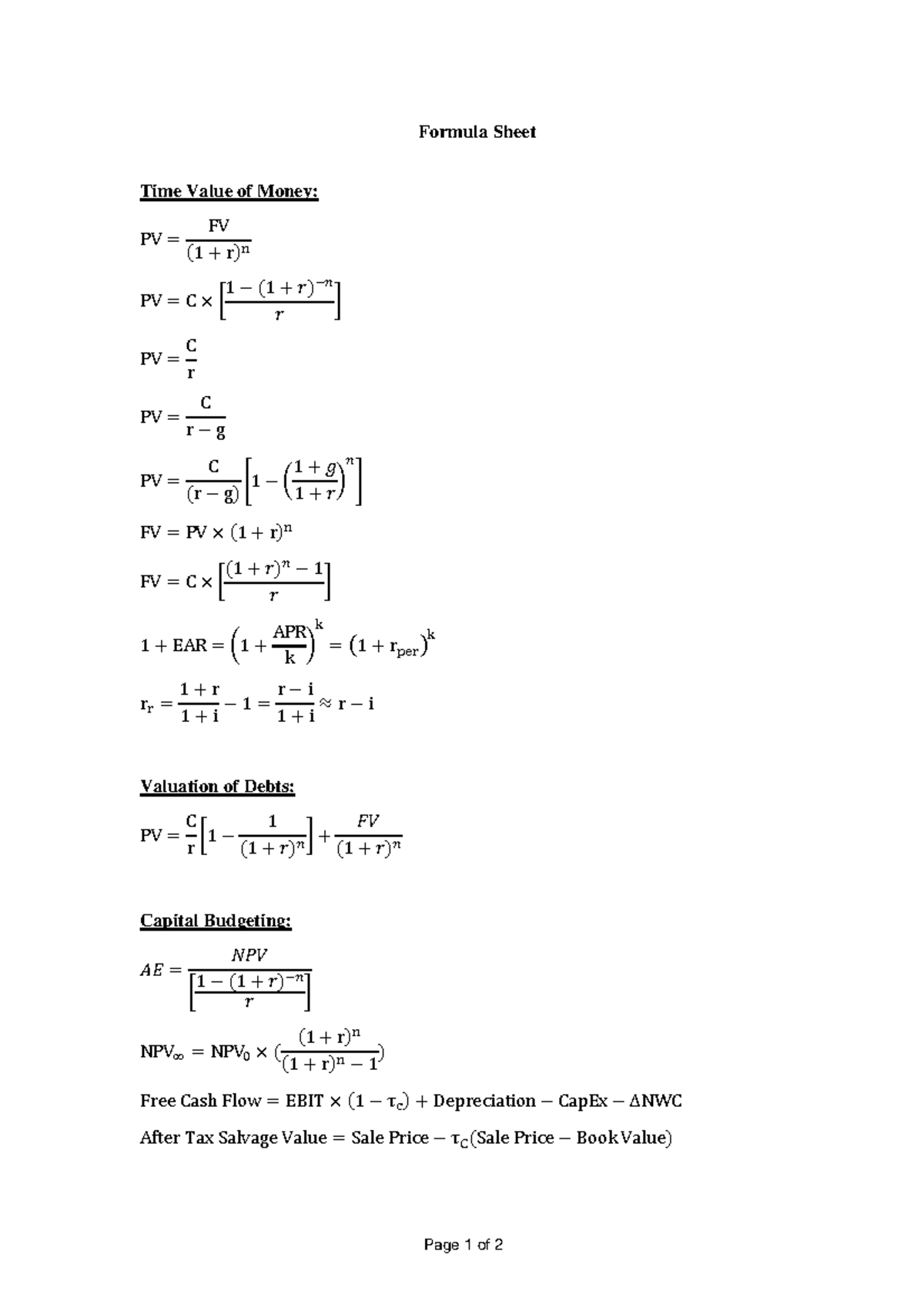 FINM1415 Formula Sheet - Page 1 of 2 Formula Sheet Time Value of Money ...