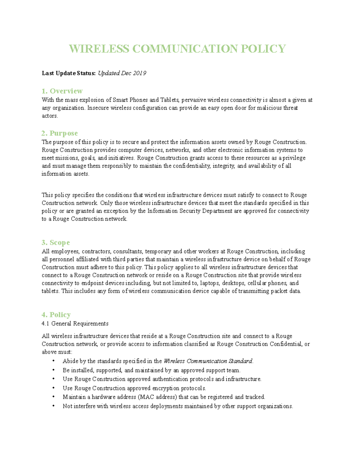 Corp Inf 6 Fun assignment WIRELESS COMMUNICATION POLICY Last Update