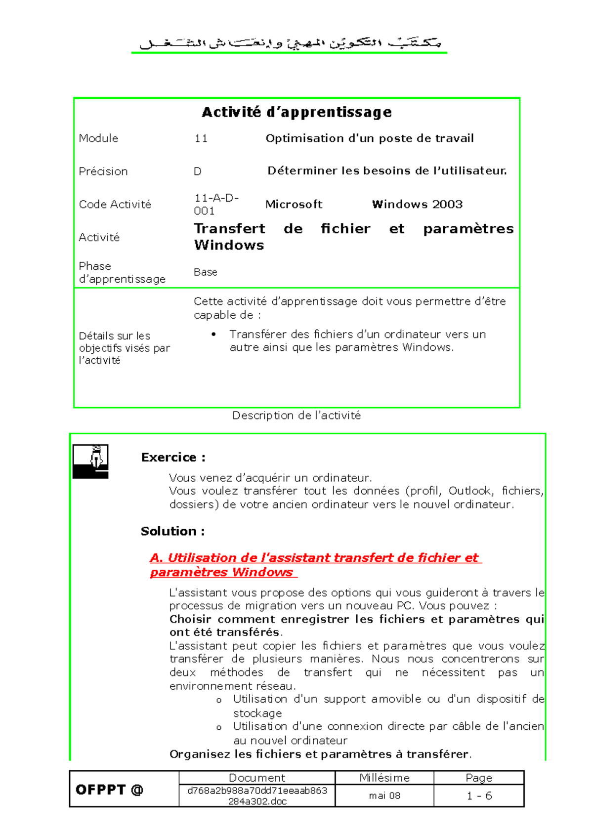 Optimisation d'un poste de travail Description de l’activité Exercice