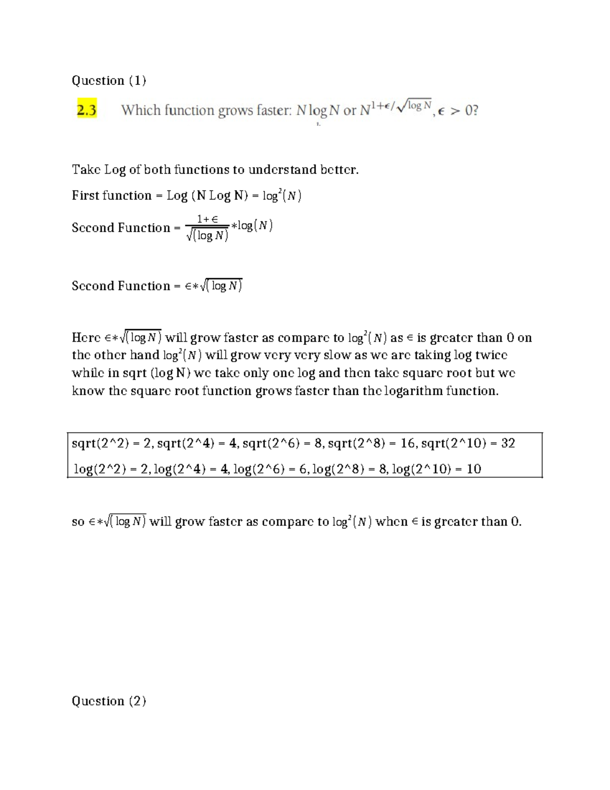Assignment o Big O - Question (1) Take Log of both functions to ...