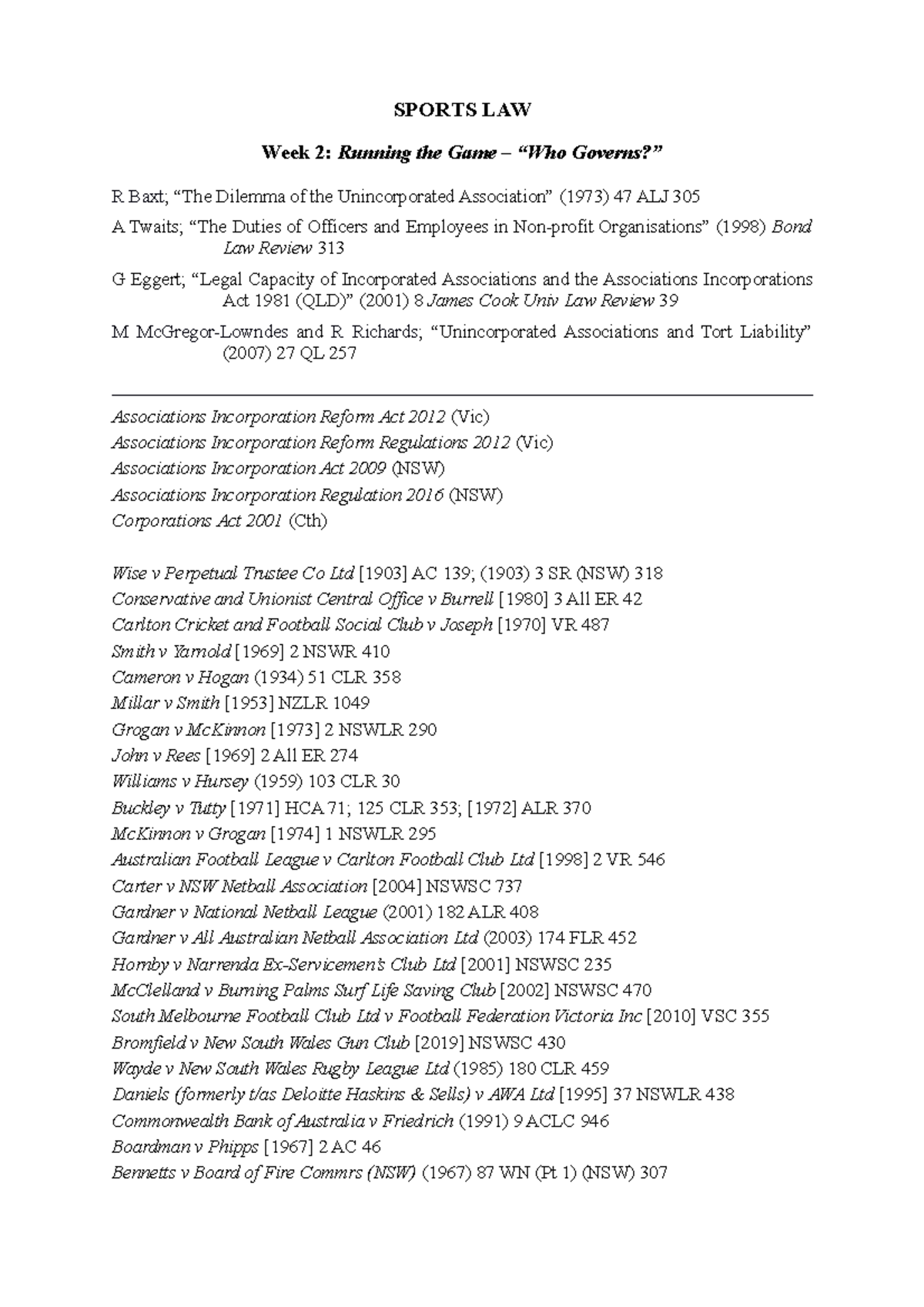LAWS417 - Week 2 (readings and cases) - SPORTS LAW Week 2: Running the ...