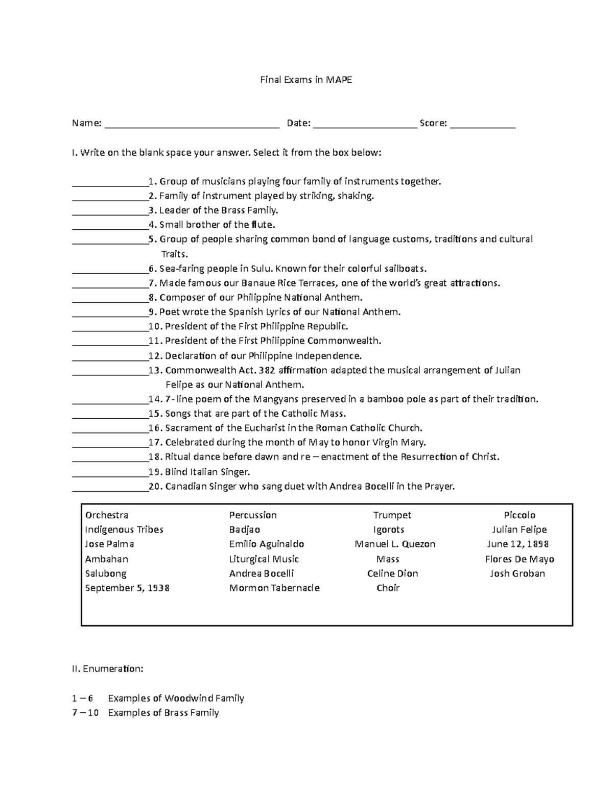 Final Exams in MAPE format Final Exams in MAPE Name