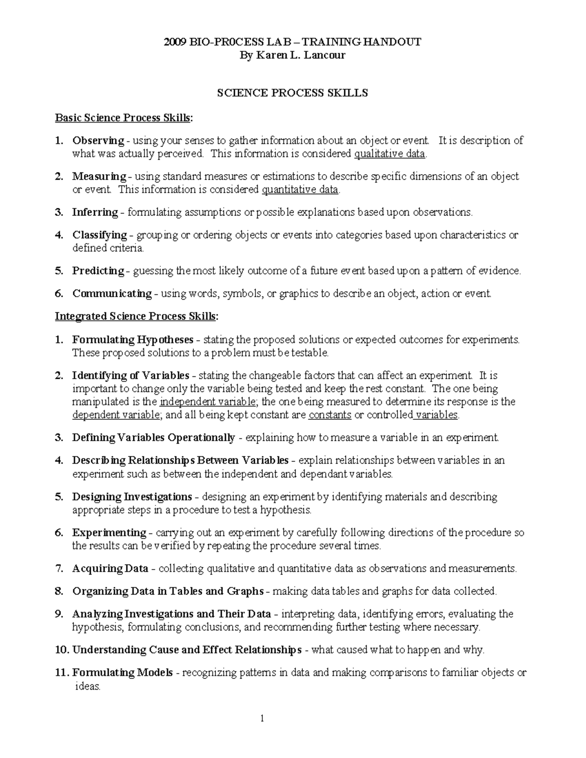 BIO-PR0CESS Training Handout - By Karen L. Lancour SCIENCE PROCESS ...