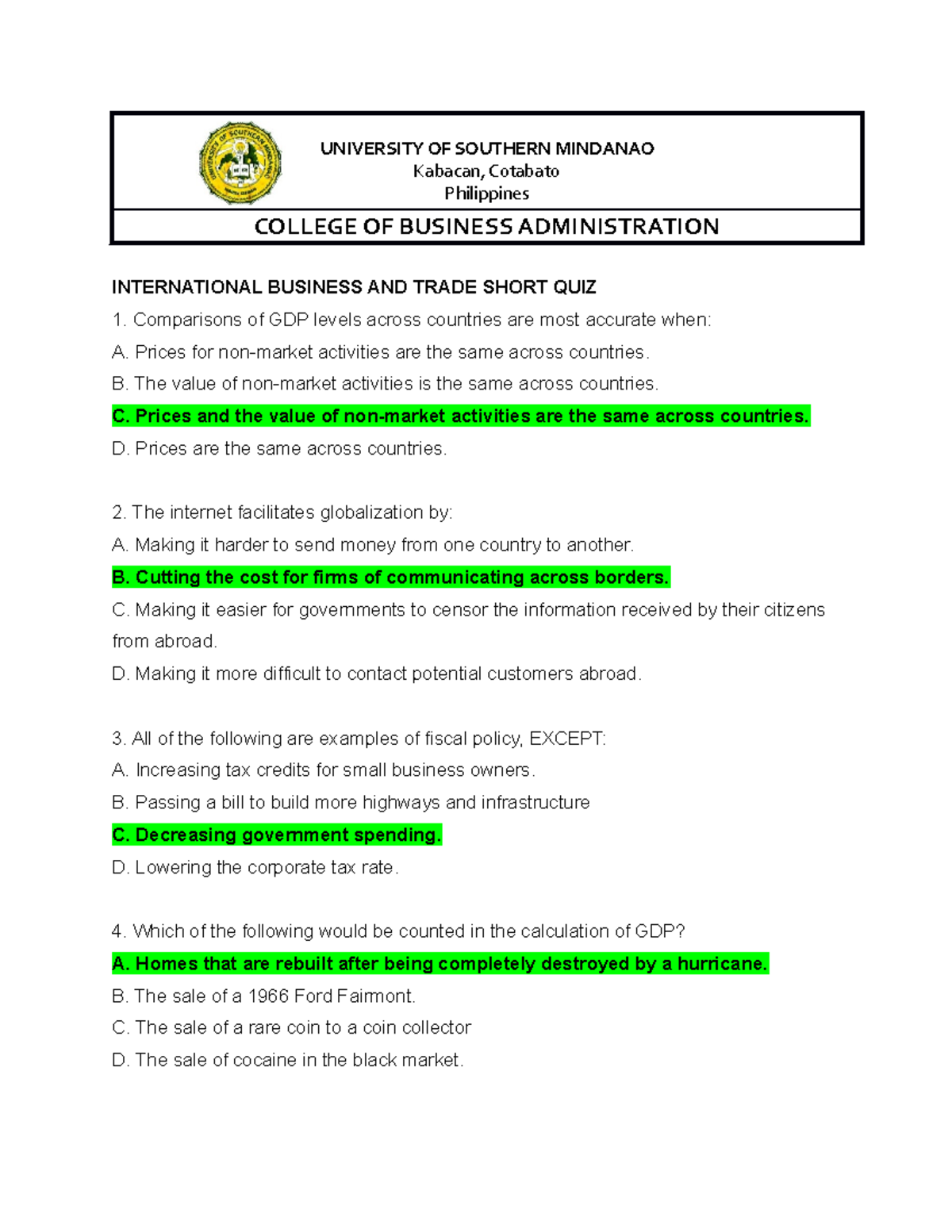 International Business AND Trade Short QUIZ - UNIVERSITY OF SOUTHERN ...