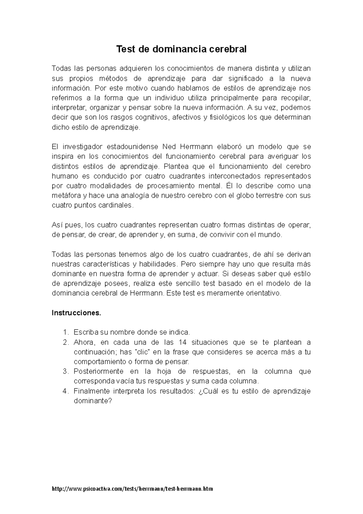 Actividad 1 - Test de dominancia cerebral - Test de dominancia cerebral ...
