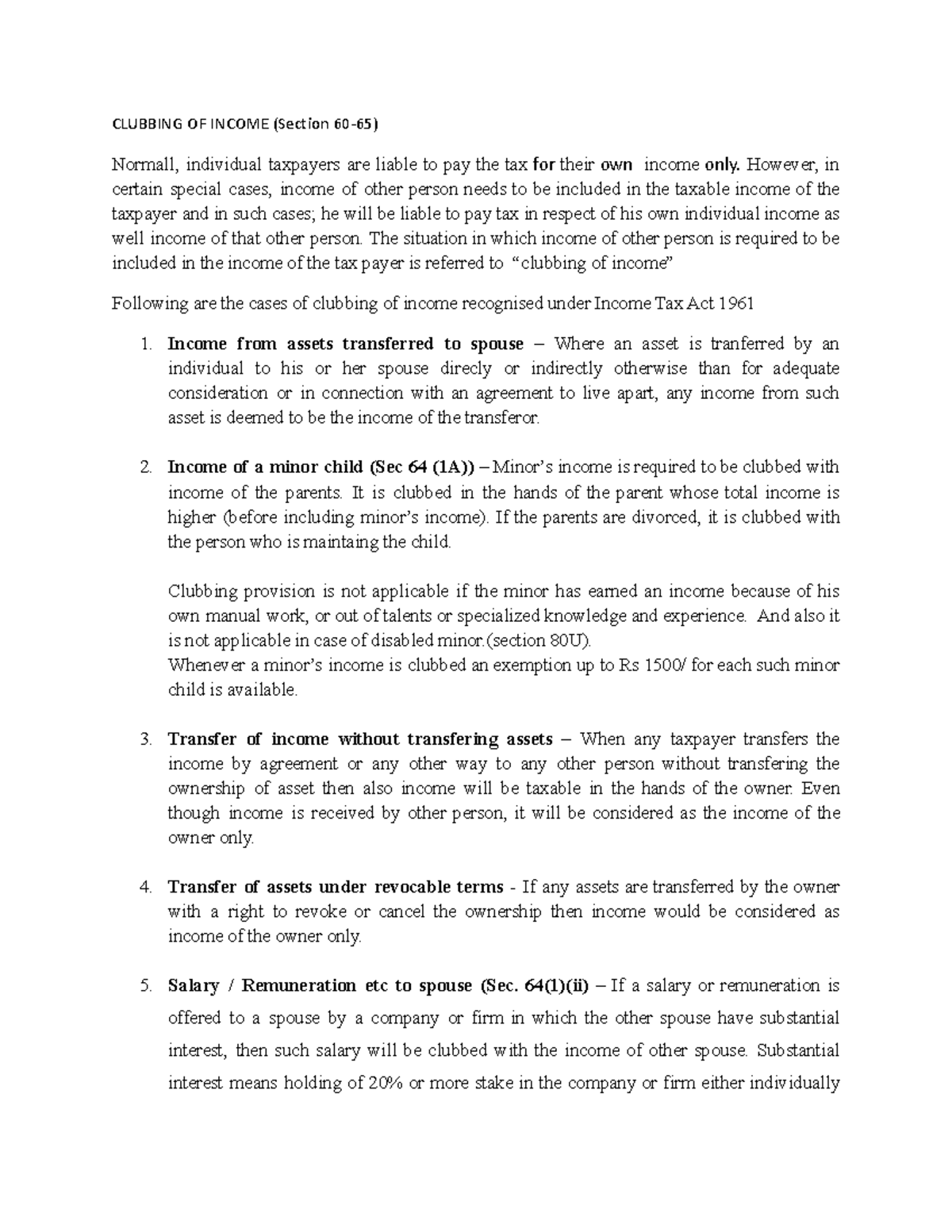 Clubbing OF Income - CLUBBING OF INCOME (Section 60-65) Normall ...