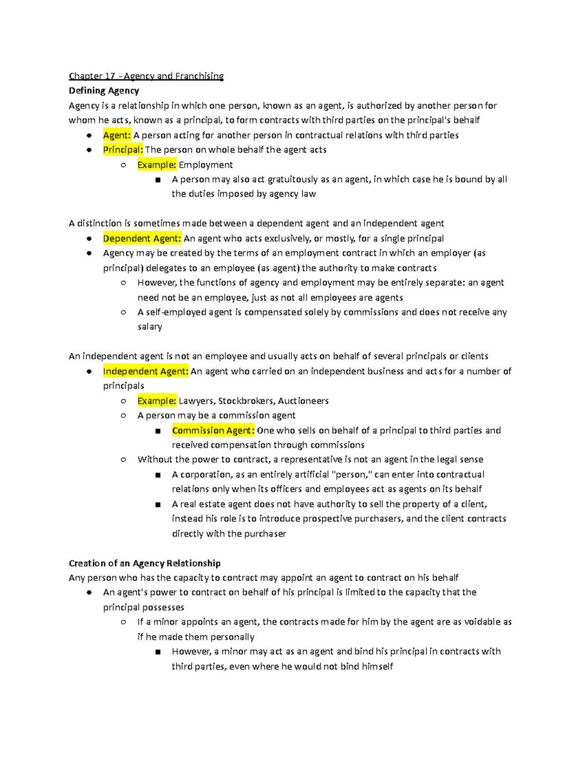 Agency and Franchising - Chapter 17 - Agency and Franchising Defining ...