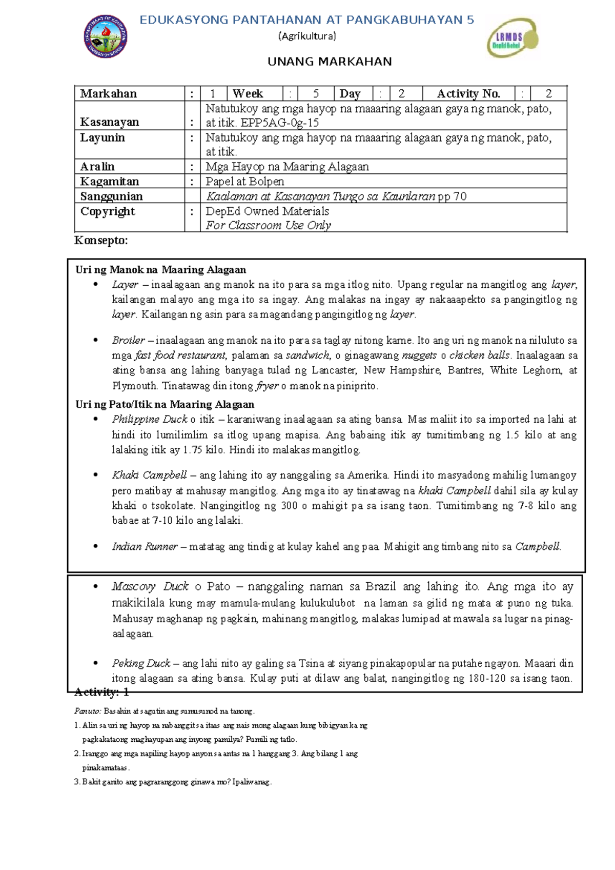 EPP5 AG Q1 LAS WK5 D2 - epp - EDUKASYONG PANTAHANAN AT PANGKABUHAYAN 5 ...
