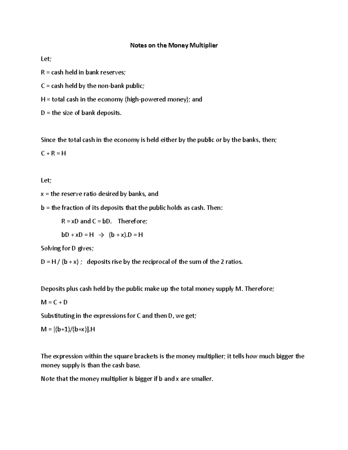 Notes On The Money Multiplier - Notes On The Money Multiplier Let; R 