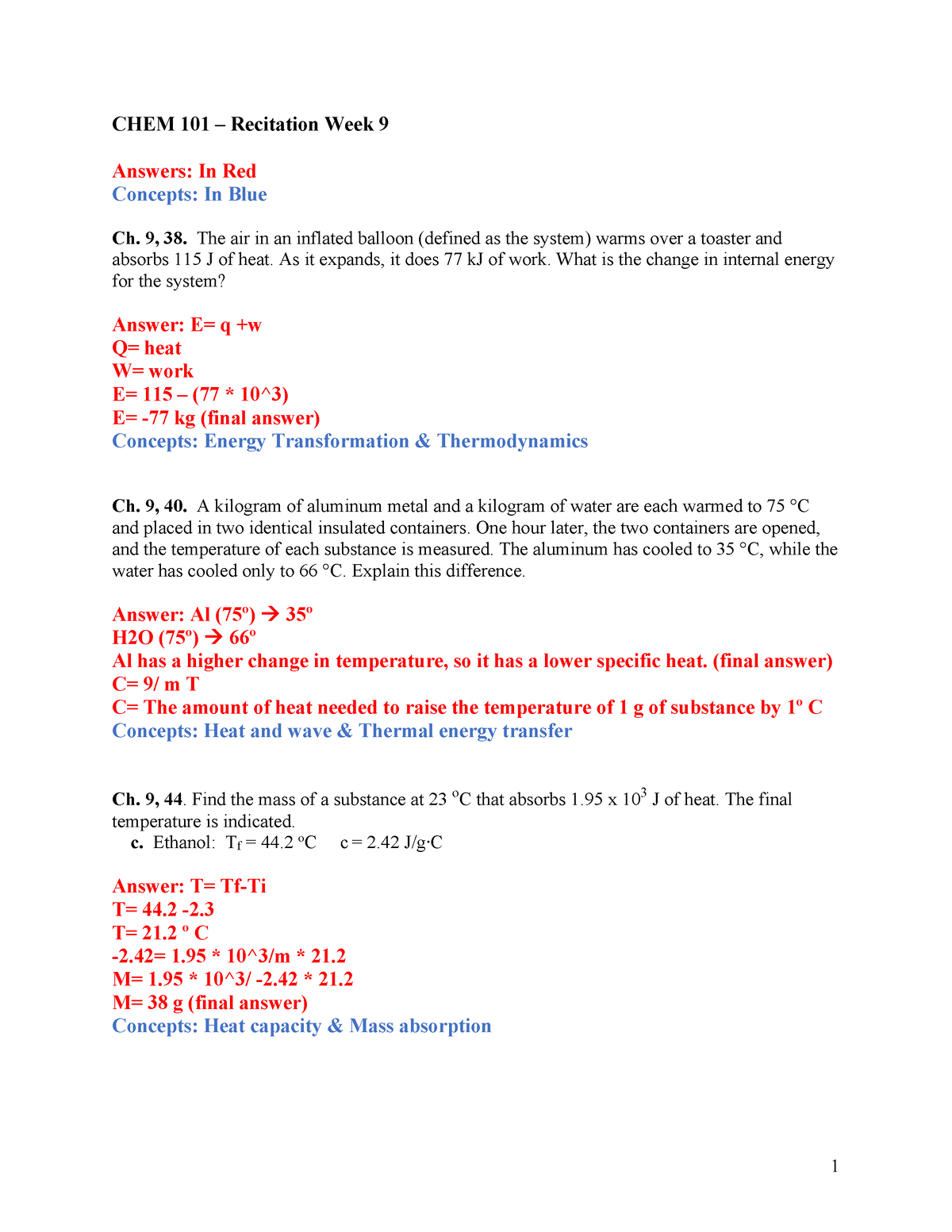 CHEM 101 Recitation Week 9 - 1 CHEM 101 – Recitation Week 9 Answers: In ...