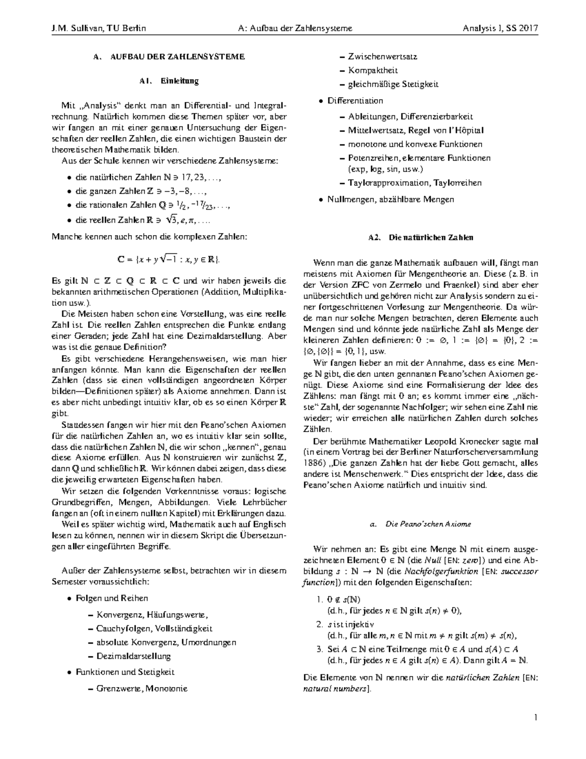 Ana1 - Skript Von Prof. Sullivan - J. Sullivan, TU Berlin A. A: Aufbau ...