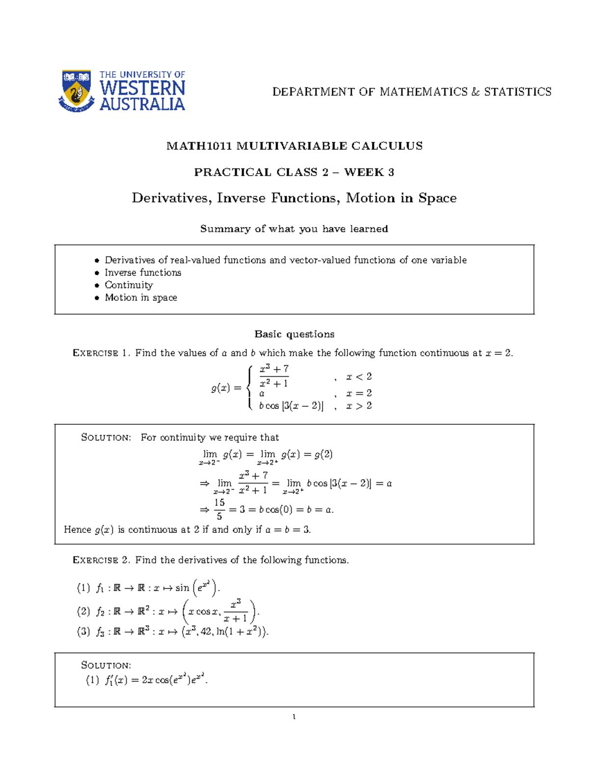 Derivatives, Inverse Functions - DEPARTMENT OF MATHEMATICS & STATISTICS ...