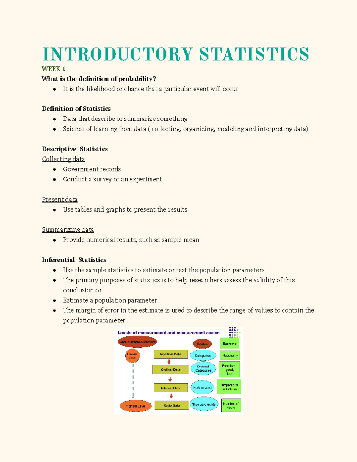 Introductory Statistics (Notes) - INTRODUCTORY STATISTICS WEEK 1 What ...
