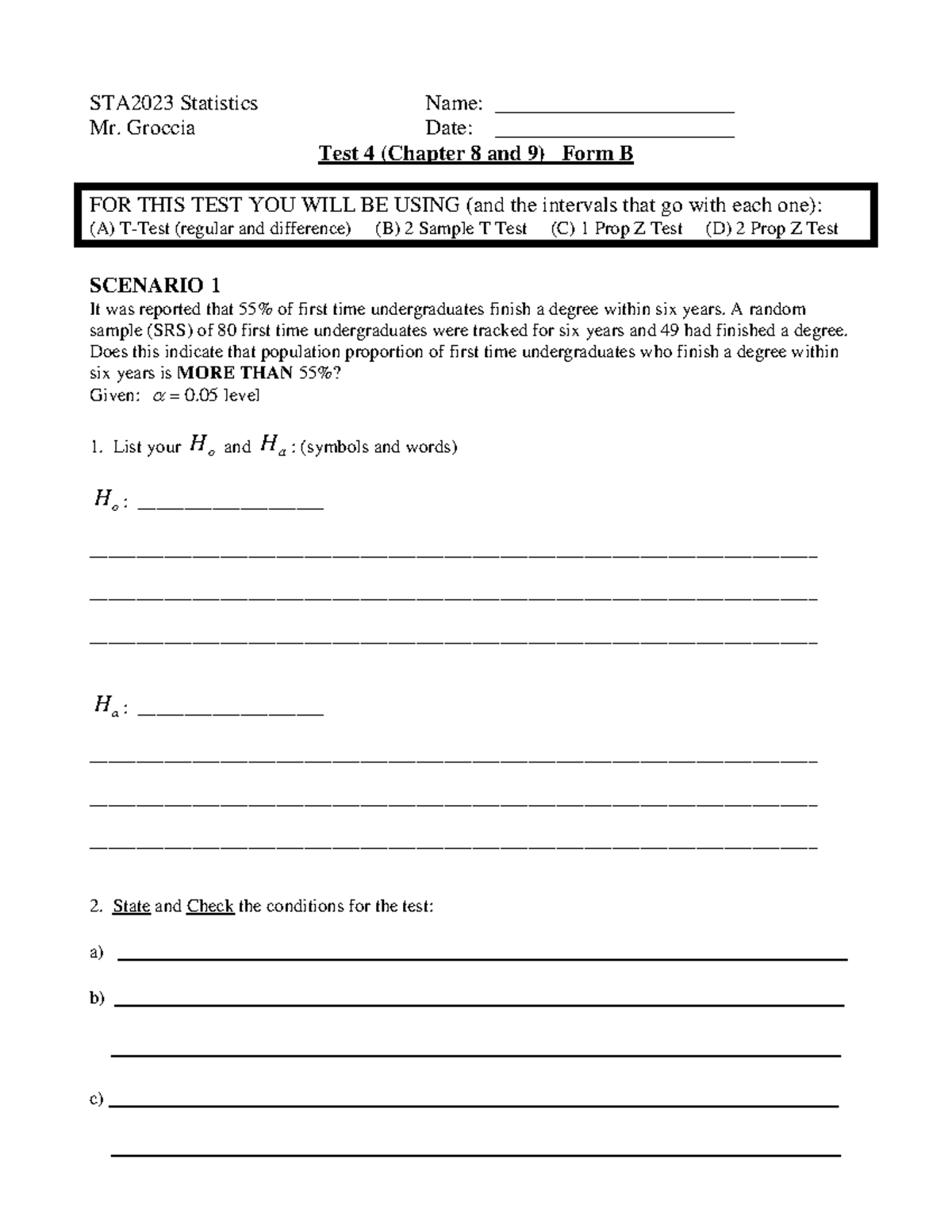 Blank STA2023 Test 4 B (Ch 8 and 9) - STA2023 Statistics Name ...