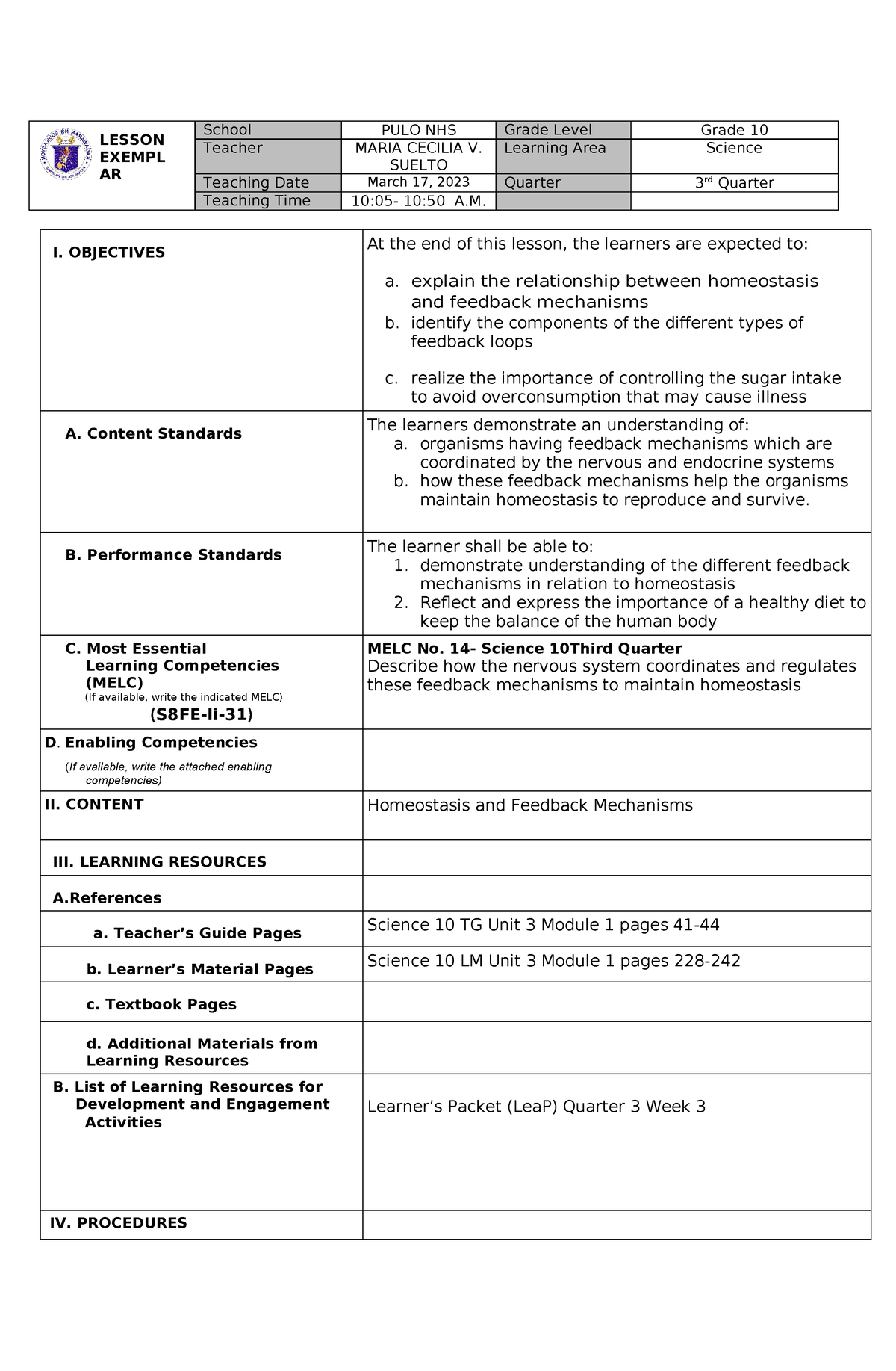 Q3 Suelto LE COT 1 Feedback Mechanisms - LESSON EXEMPL AR School PULO ...