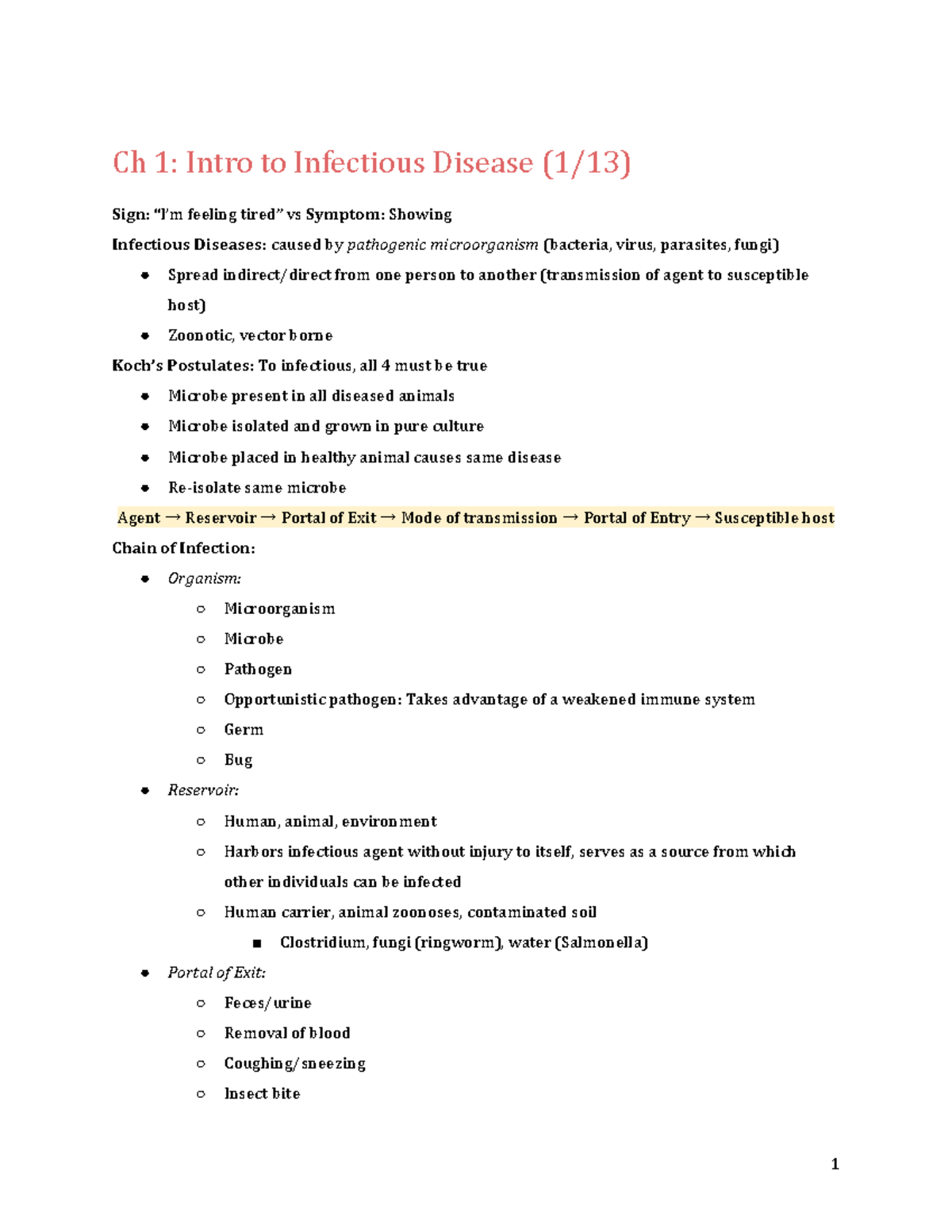 Infectious Lecture Notes - Ch 1: Intro to Infectious Disease (1/13 ...