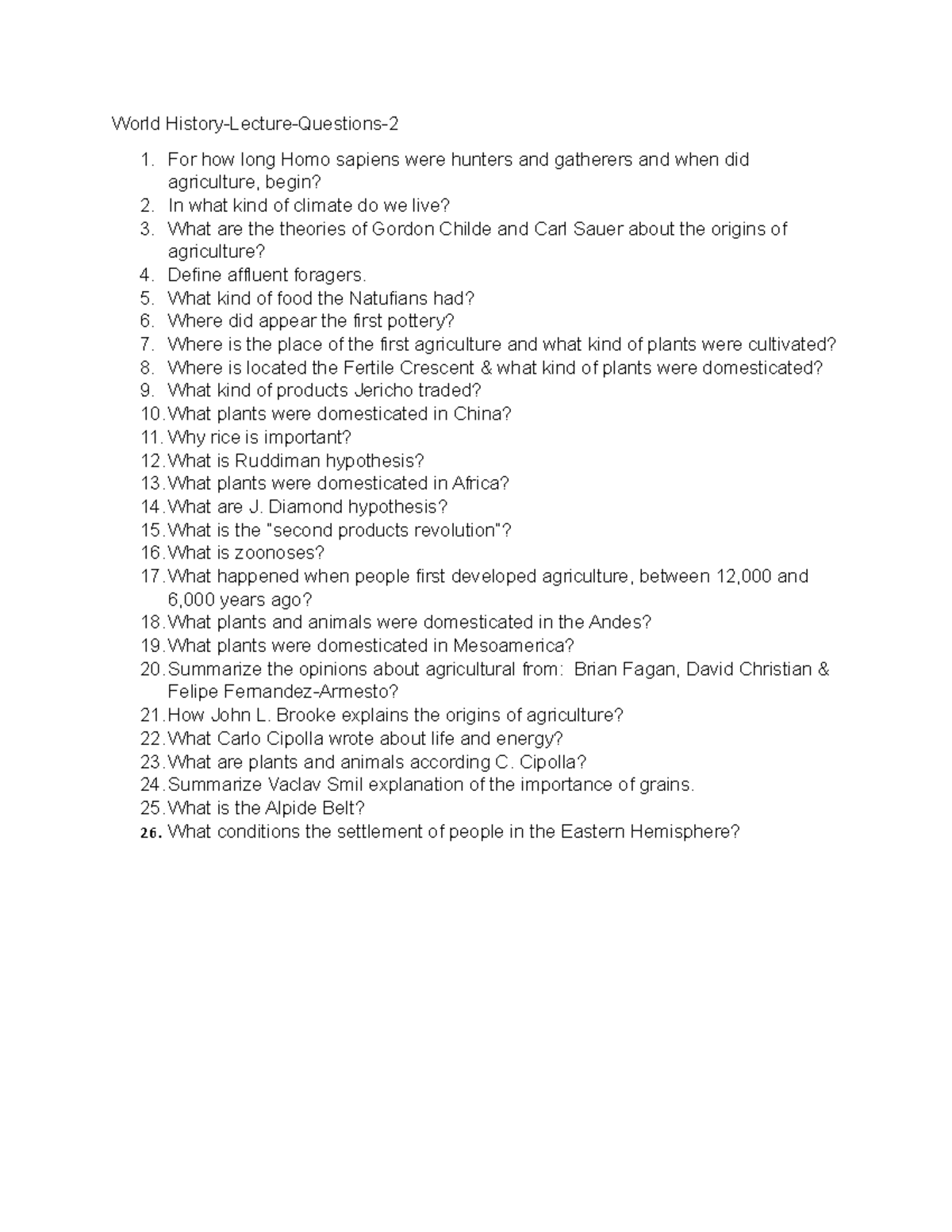 World History Lecture Questions 2 - World History-Lecture-Questions