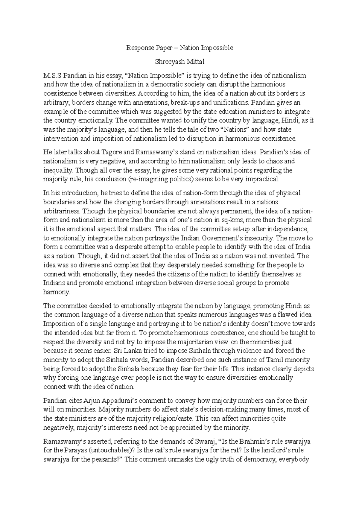 Response Paper Nation Impossible Shreeyash Mittal S Pandian in his