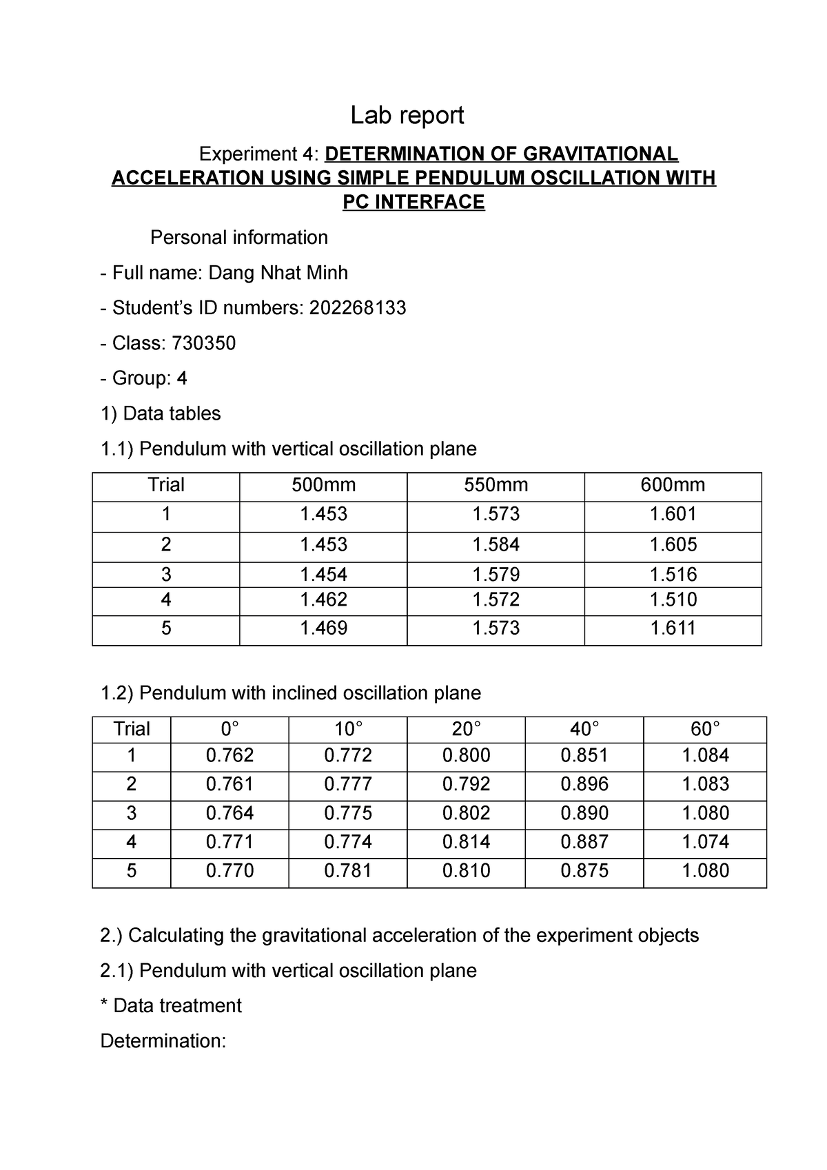 gravitational acceleration experiment report