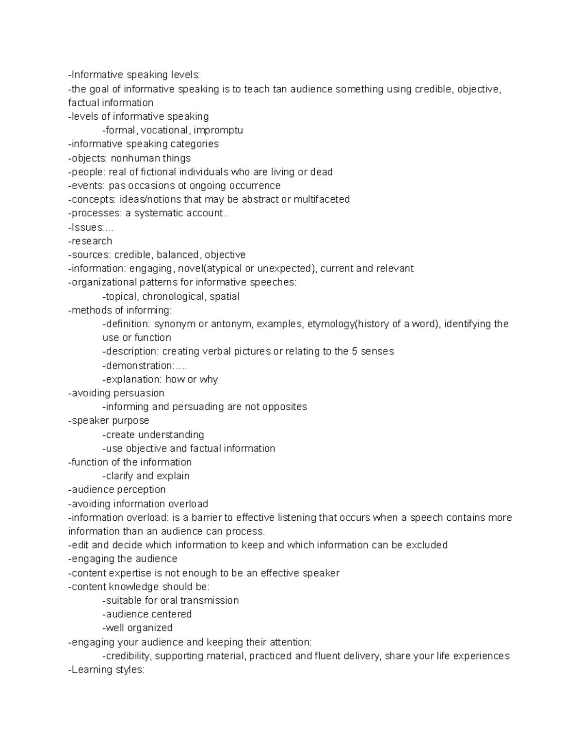 SCOM 123 notes 2/15 -Informative speaking levels: -the goal of ...