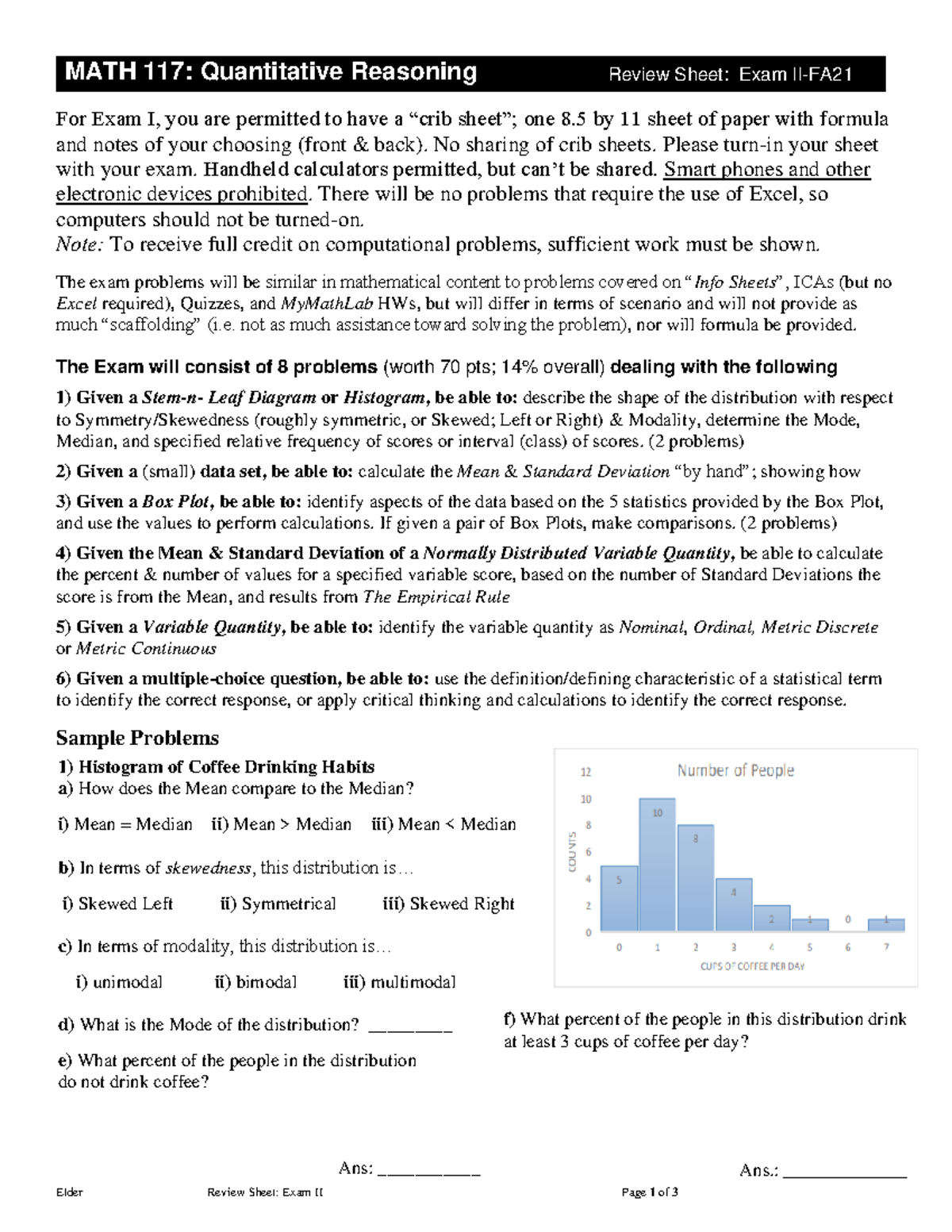 Review Exam II -117-FA21 - Elder Review Sheet: Exam II Page 1 of 3 MATH ...