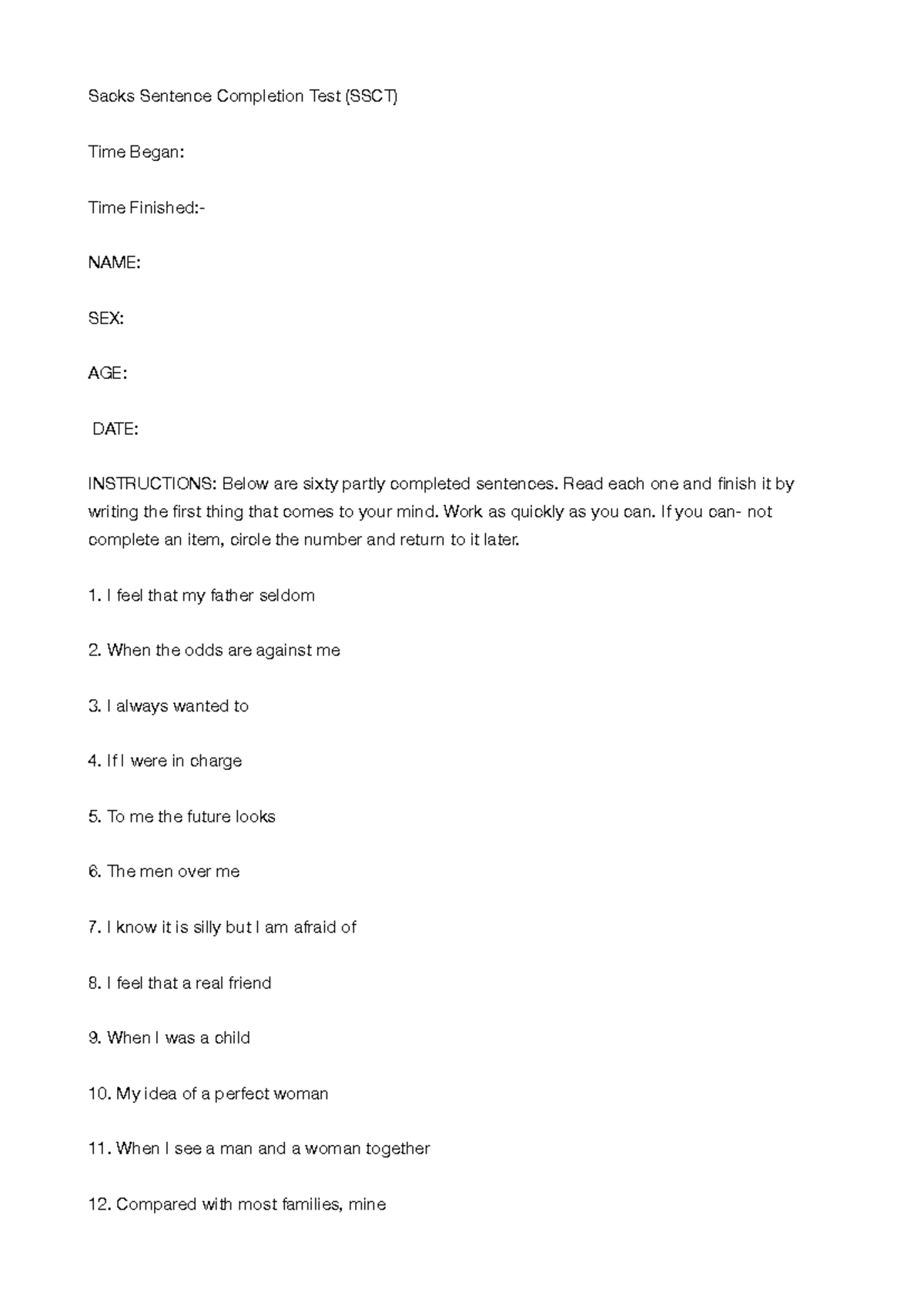 Ssct - Sacks Sentence Completion Test (SSCT) Time Began: Time Finished ...