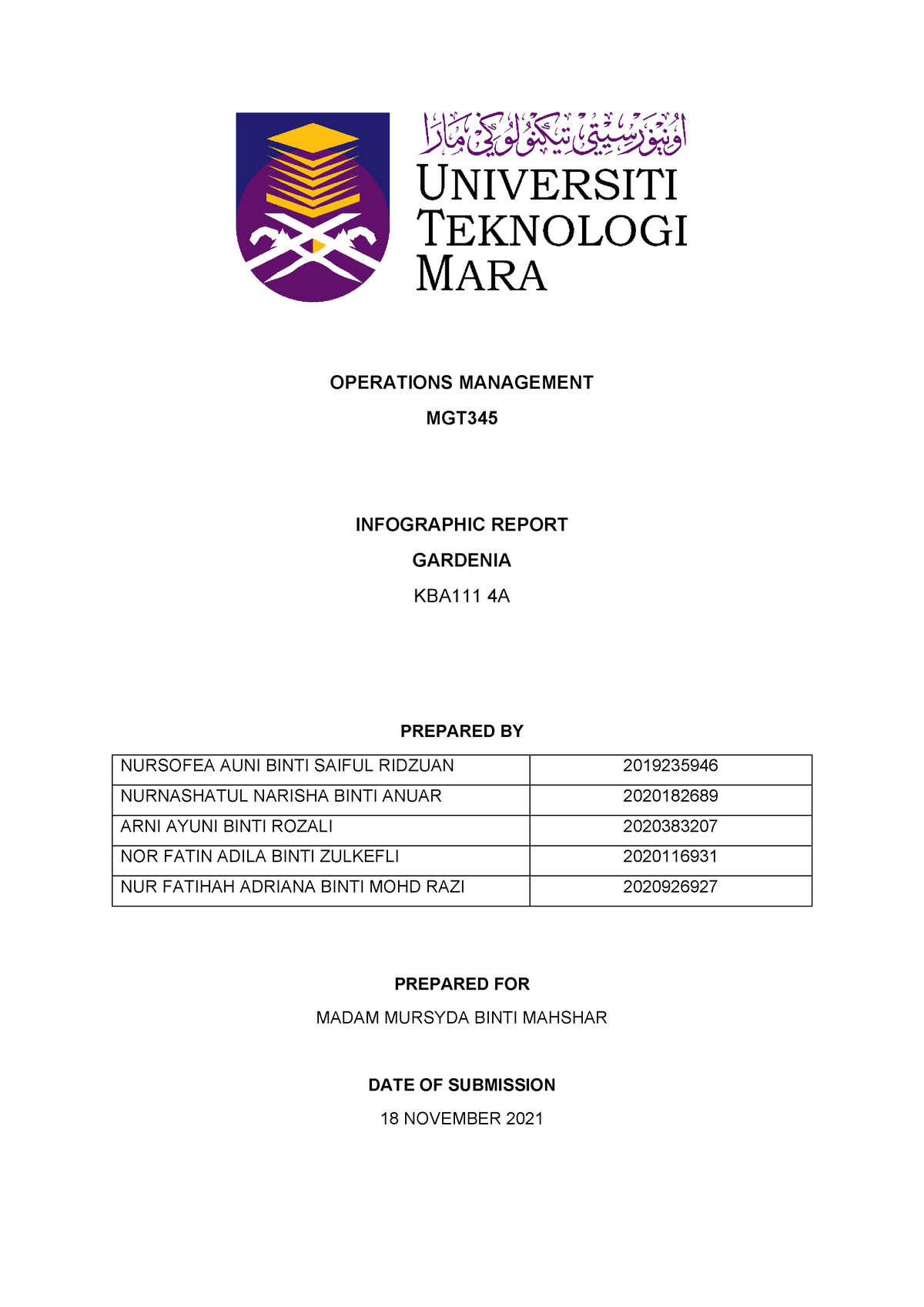 operation management assignment gardenia report