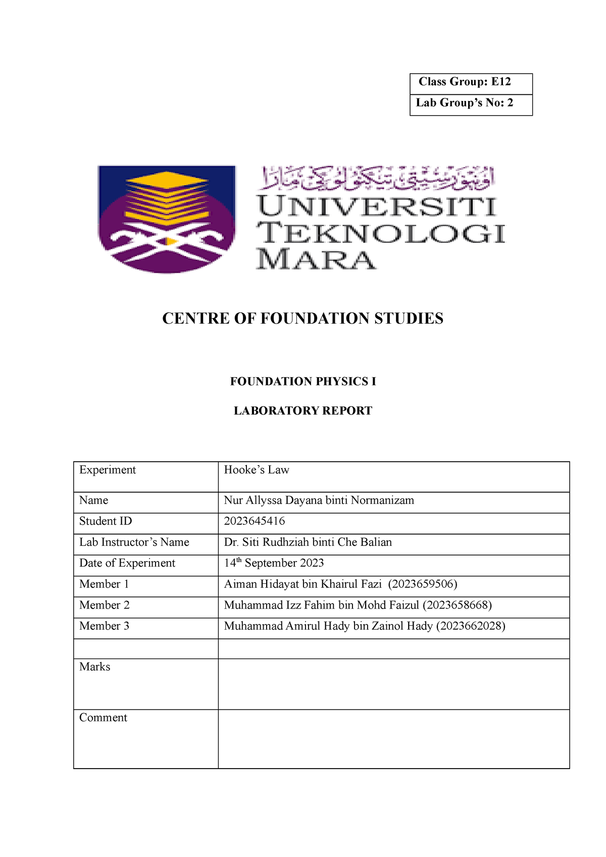 PHY 094 Lab Report Exp 2 - Physics Sem 1 UiTM Dengkil - Class Group: E ...